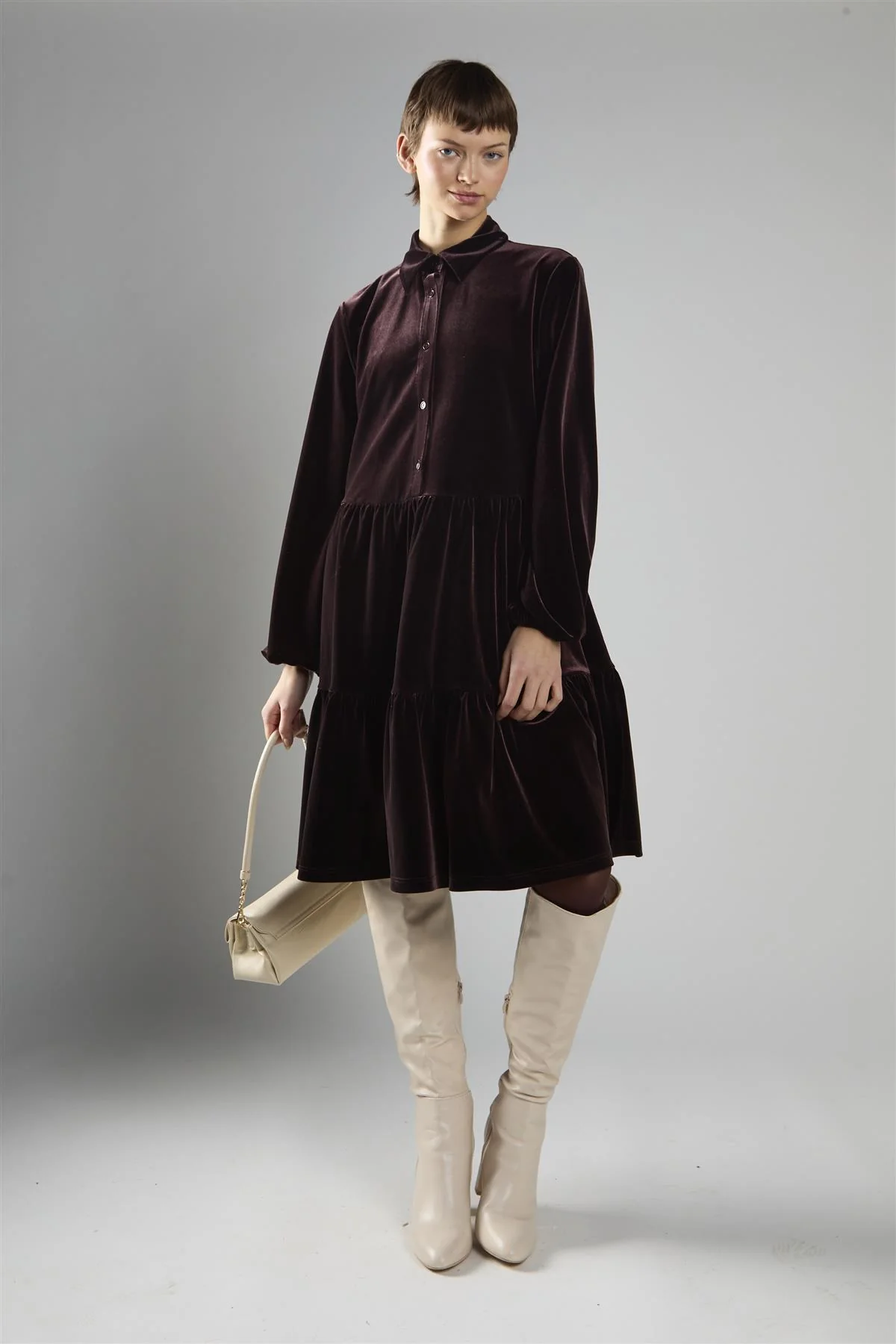 Brown Velvet A-Line Long Sleeve Midi Dress