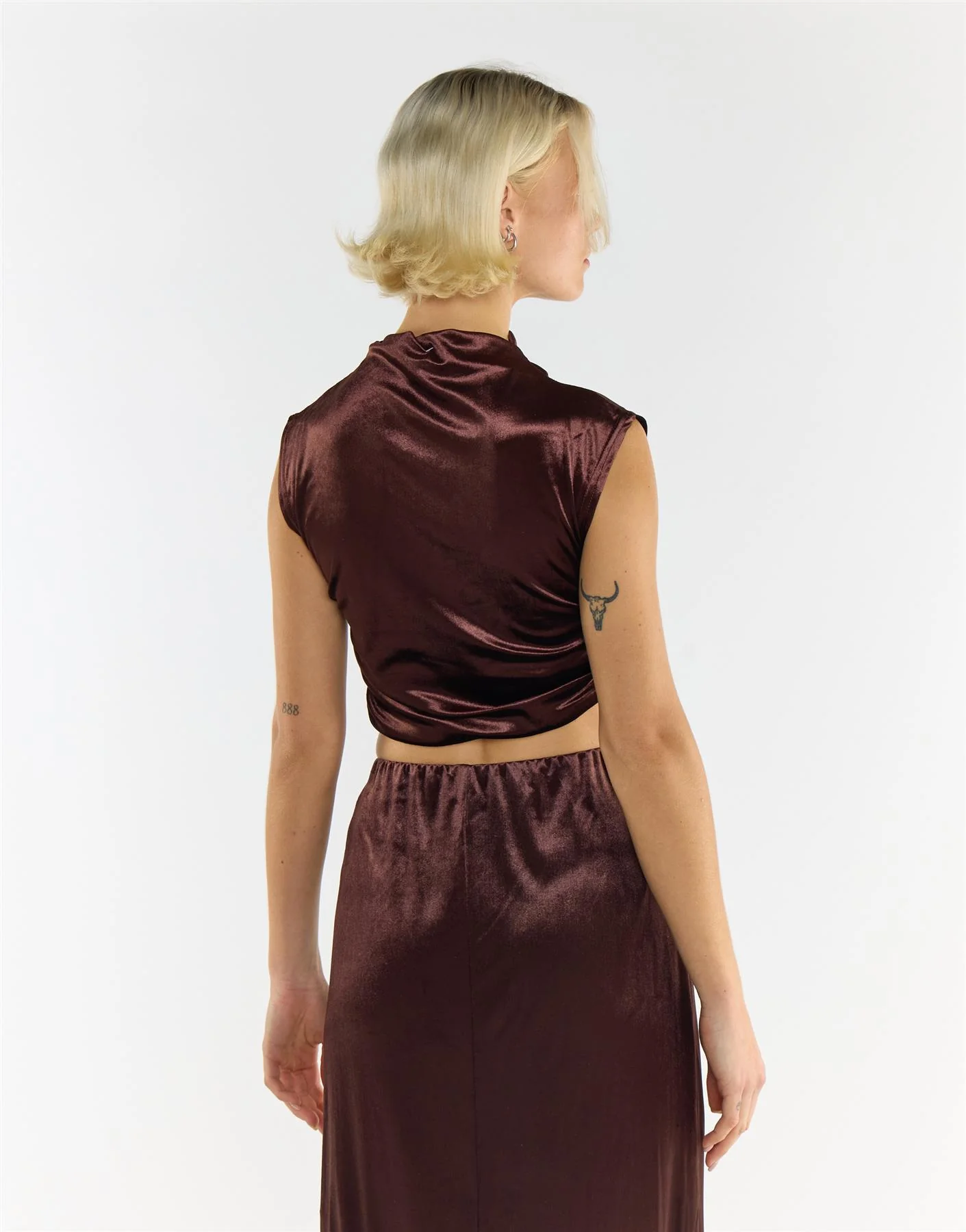 Brown Velvet Sleeveless Mock Neck Crop Top - Image 2