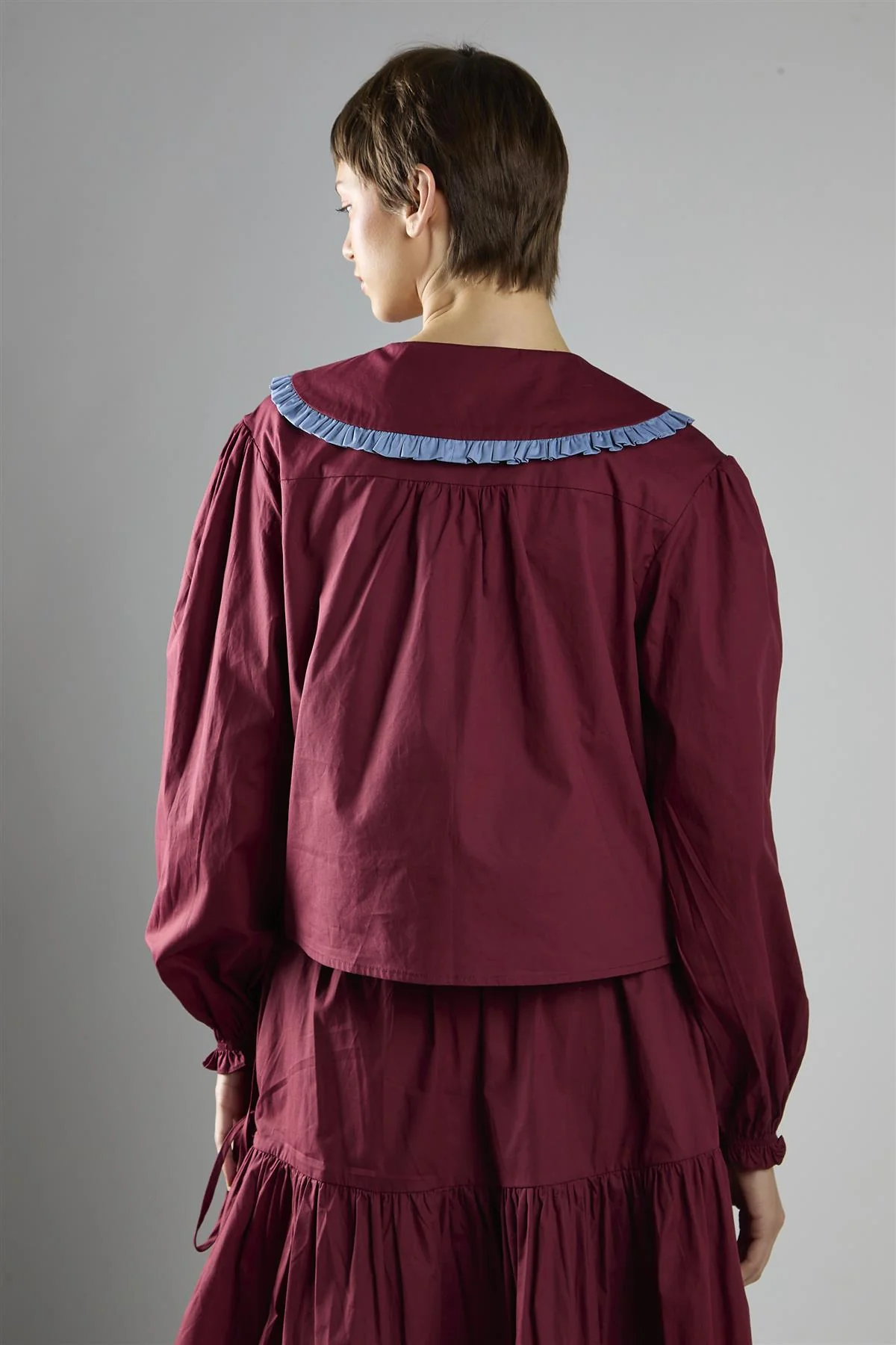 Burgundy-Blue Tie-Collar Blouse - Image 2