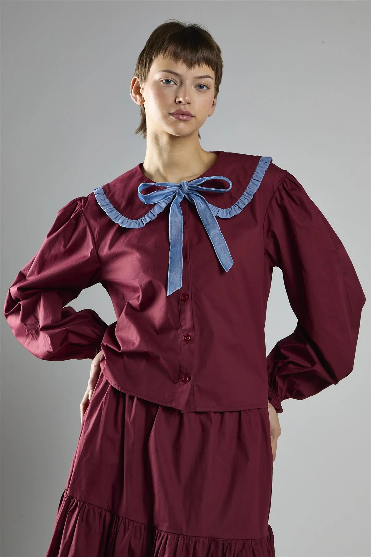 Burgundy-Blue Tie-Collar Blouse - Image 3