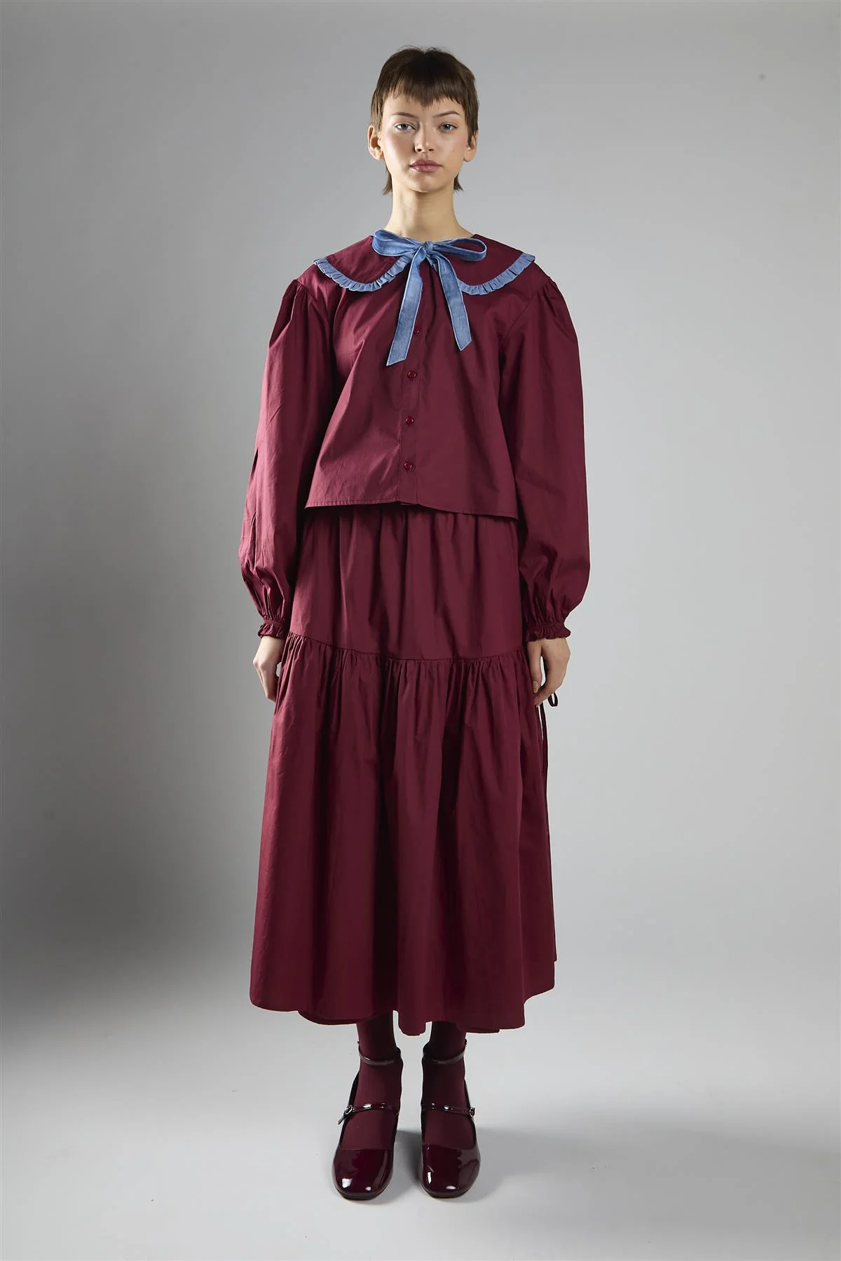 Burgundy-Blue Tie-Collar Blouse - Image 5