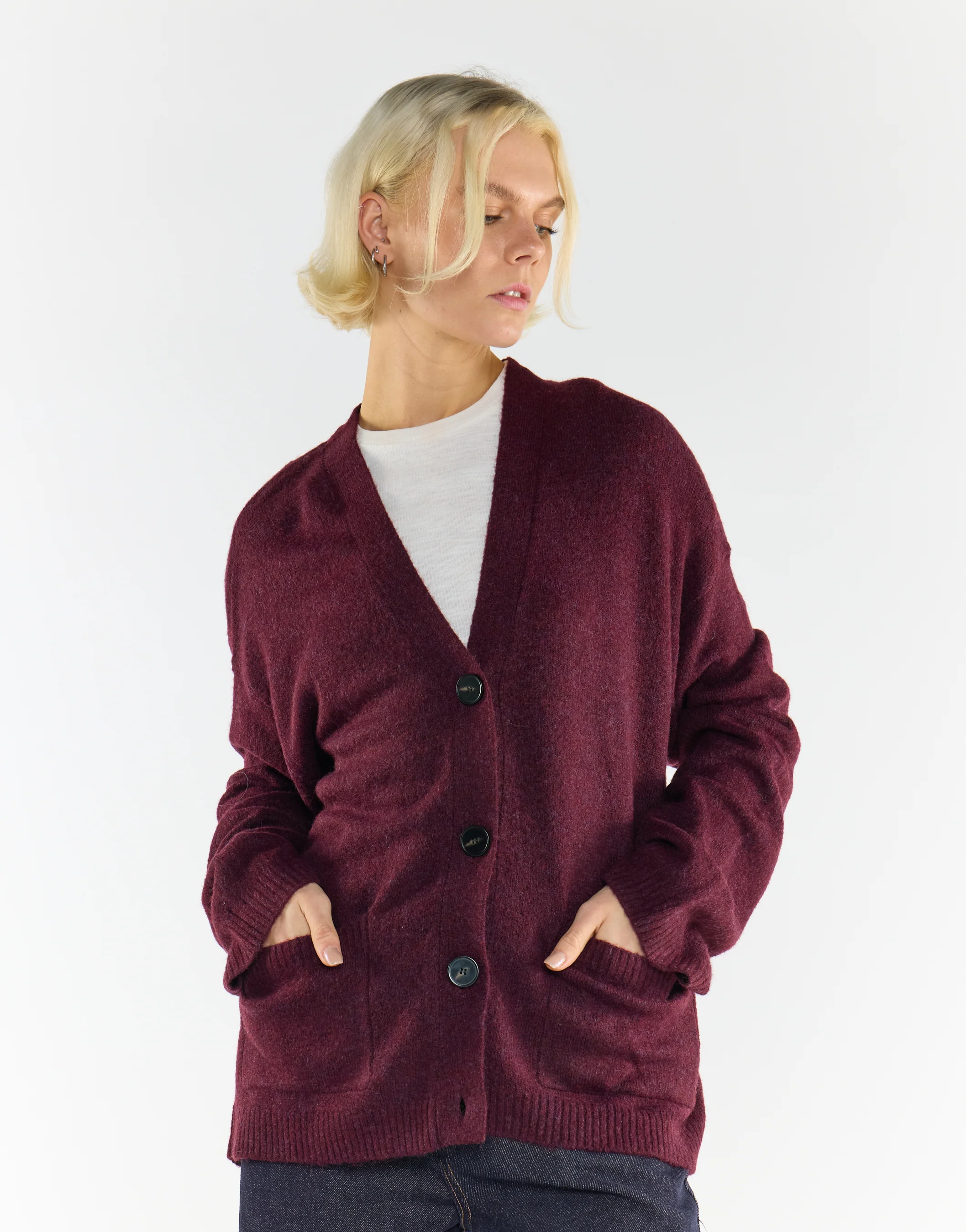 Burgundy Button-Front V-Neck Cardigan - Image 3