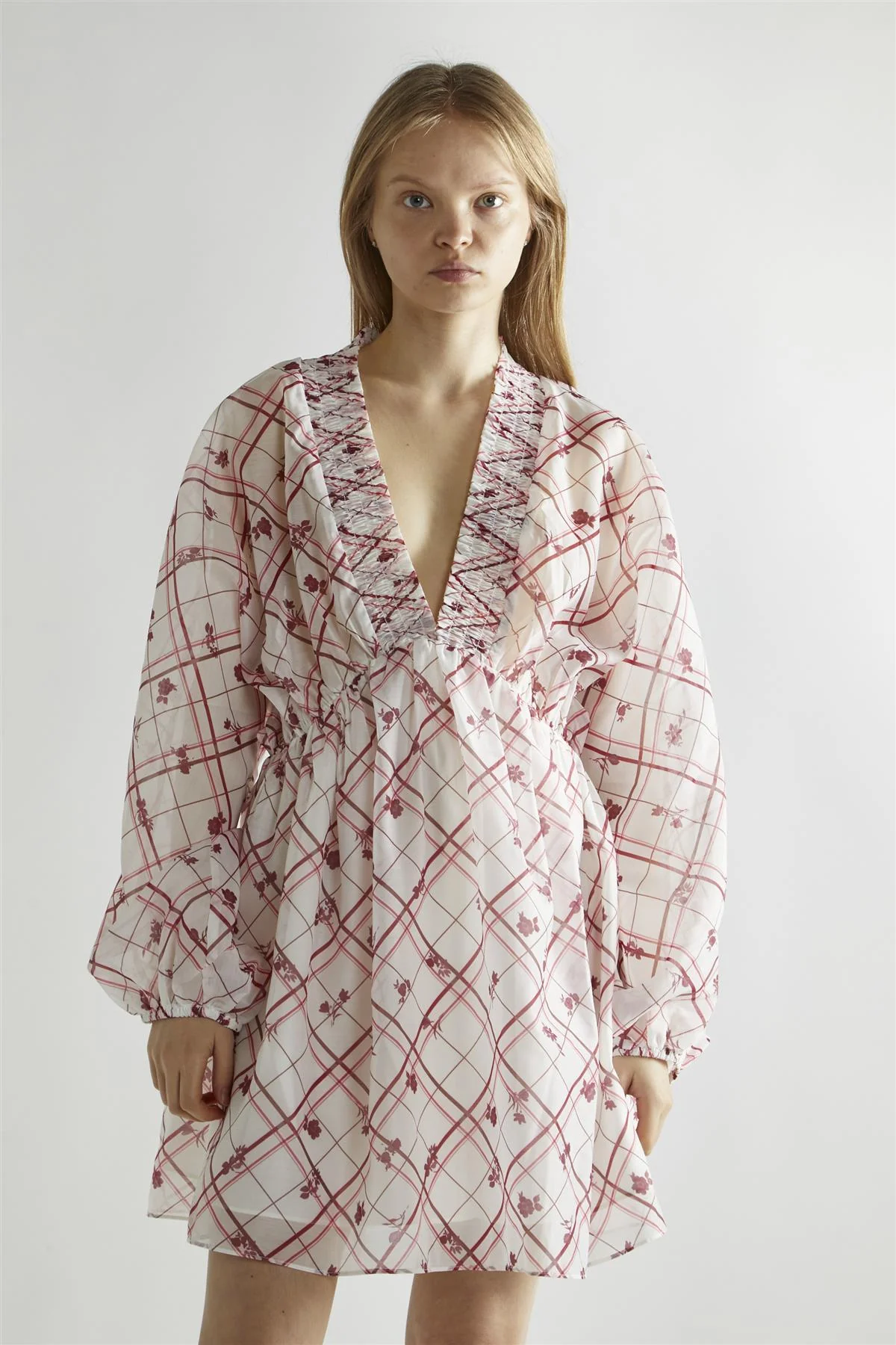 Burgundy-Floral Check Skater Mini-Dress - Image 3