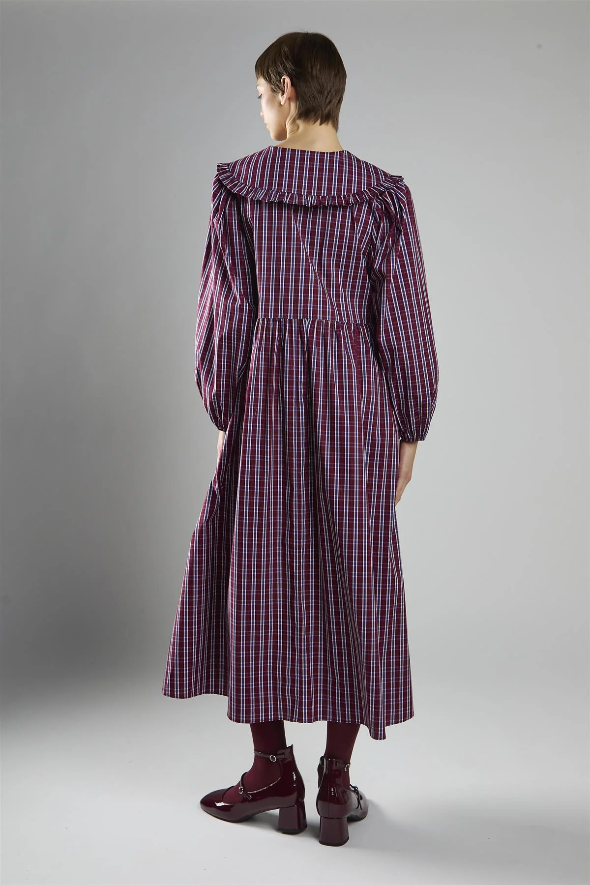 Burgundy & Navy Check Tie Front Midi Dress - Image 2