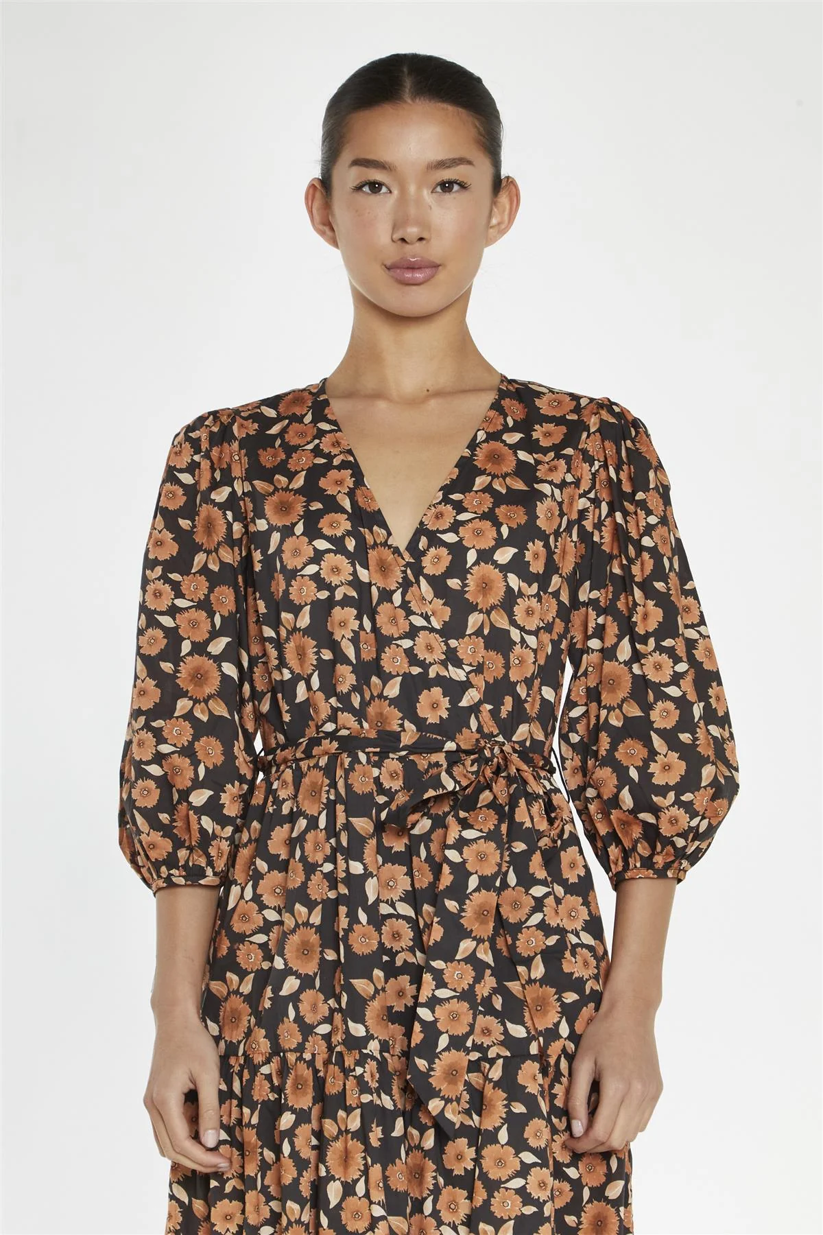 Burnt-Orange Daisy Wrap Midi-Dress - Image 3