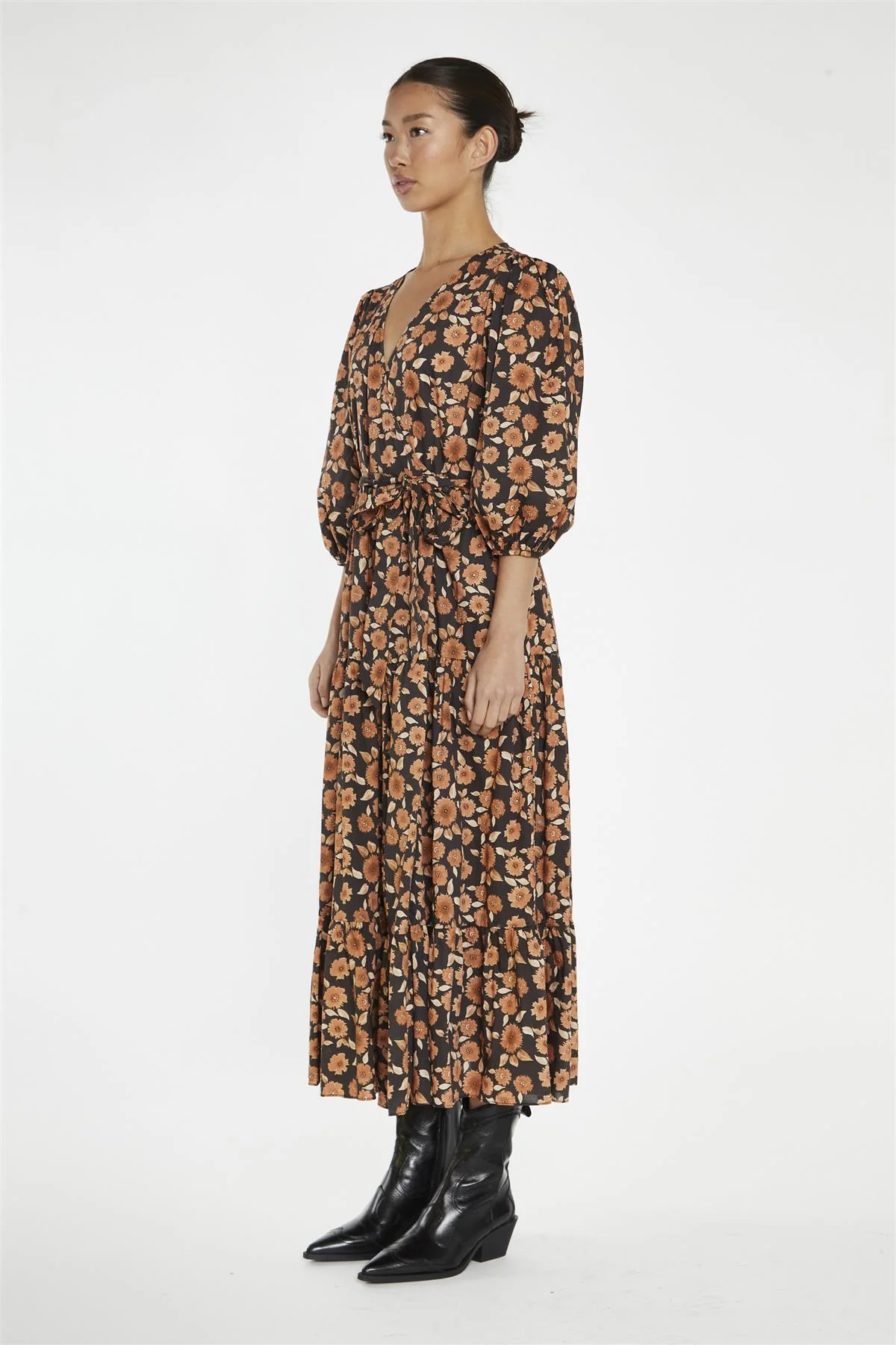 Burnt-Orange Daisy Wrap Midi-Dress - Image 4