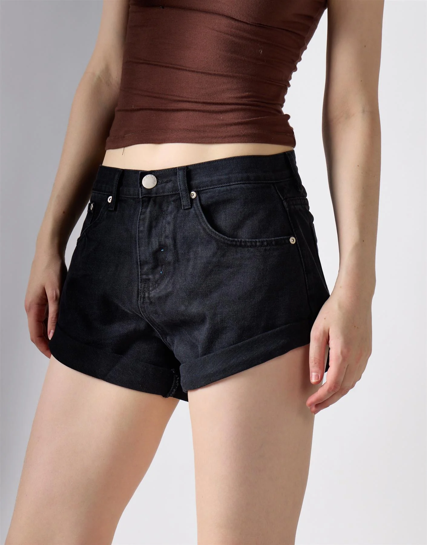 Washed Black Button Denim Shorts - Image 3