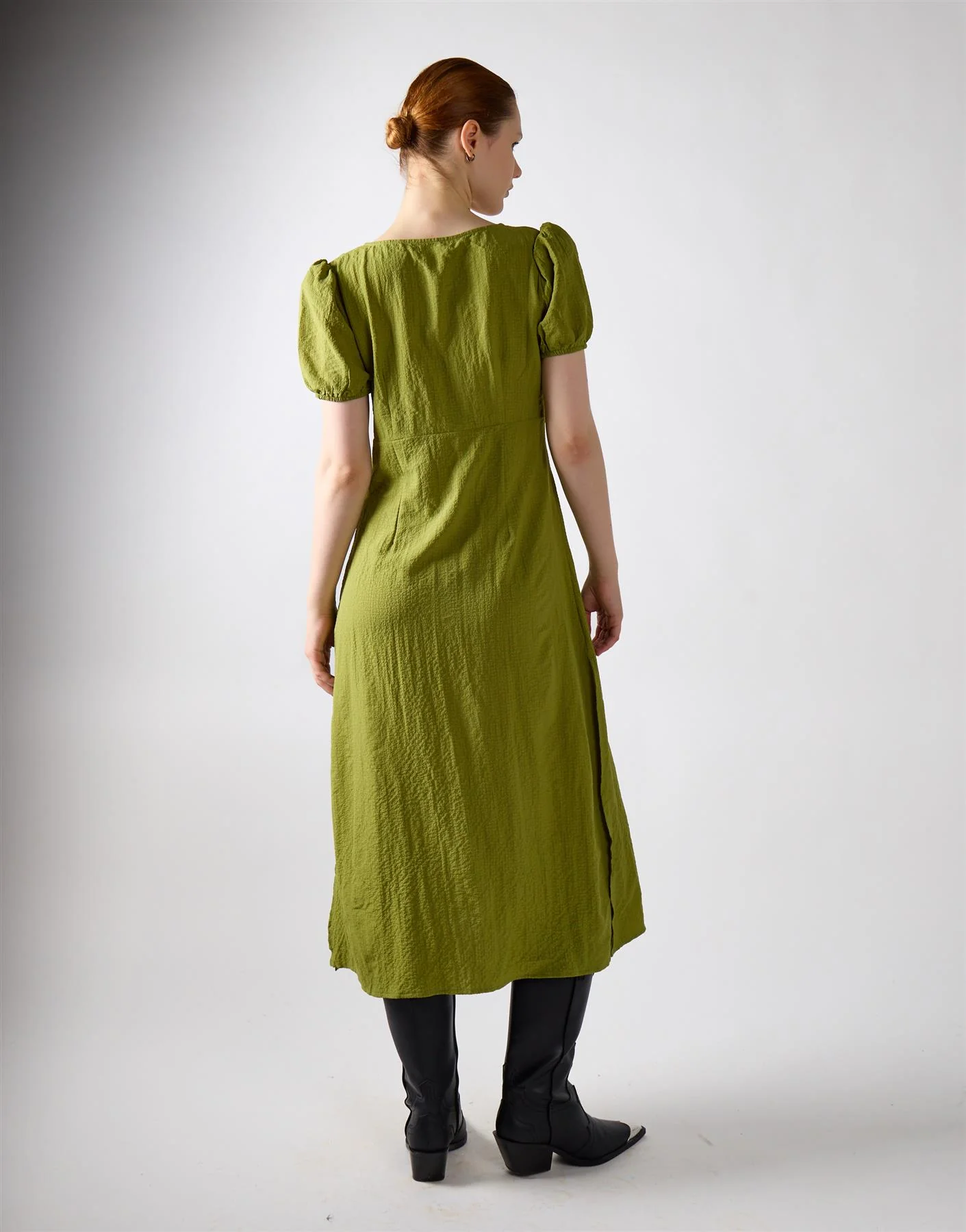 Button Front Midi Dress - Green Olive - Image 2
