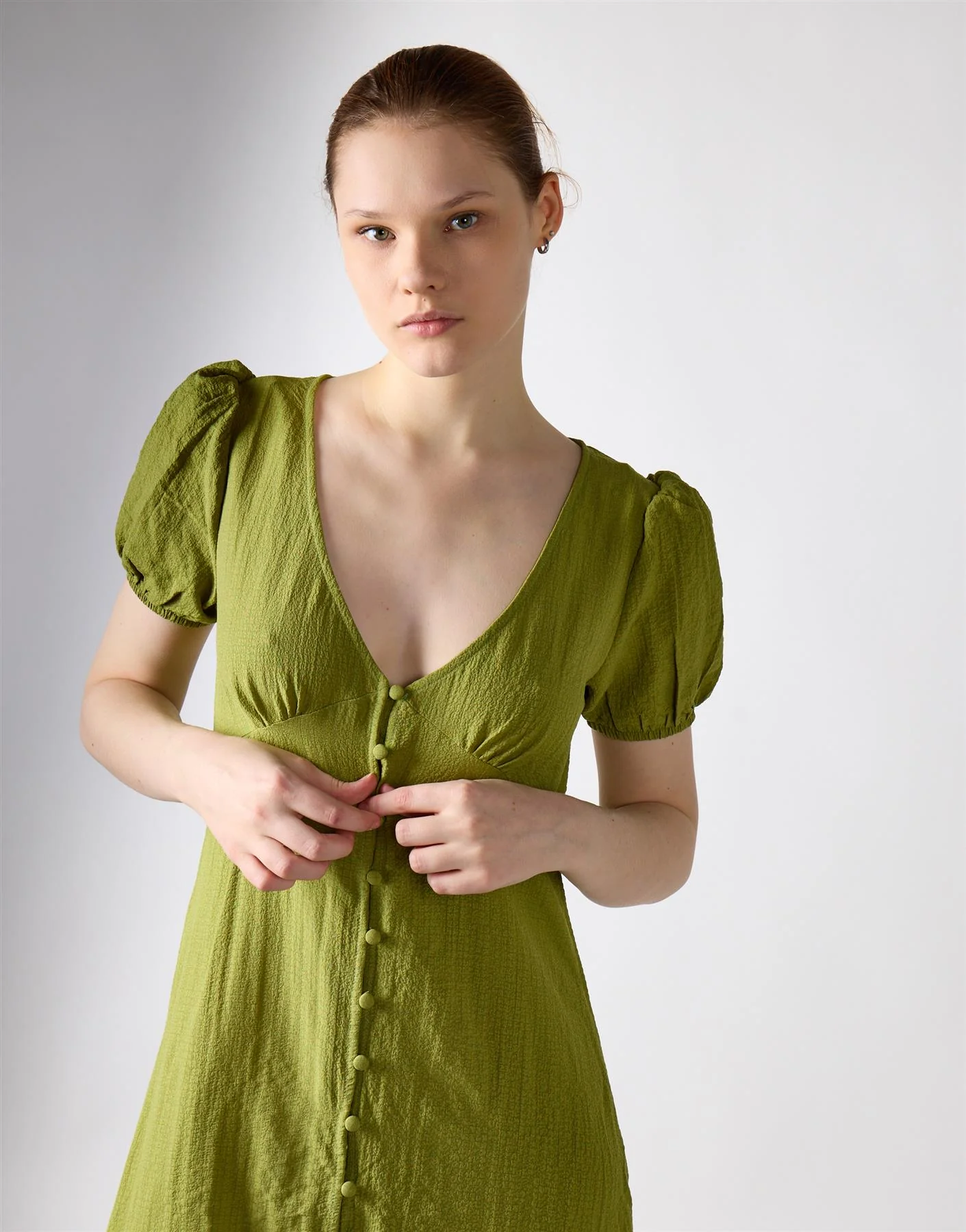 Button Front Midi Dress - Green Olive - Image 3