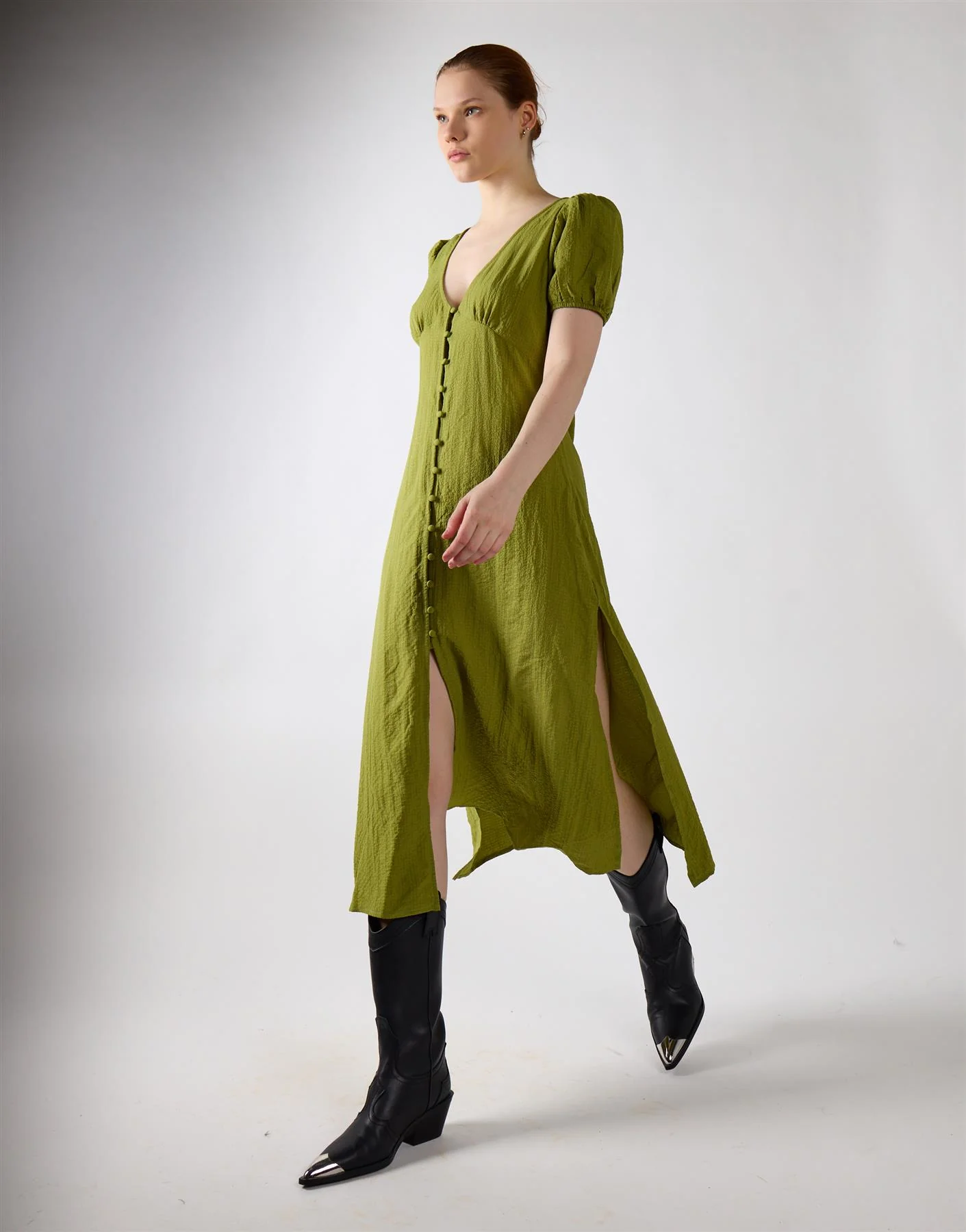 Button Front Midi Dress - Green Olive - Image 4