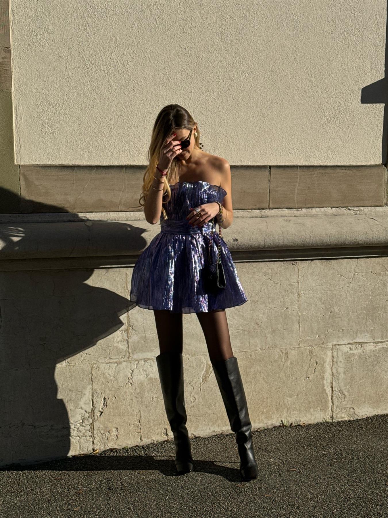 Callie Gathered Bandeau Mini Dress-Purple-Blue Metallic - Image 3