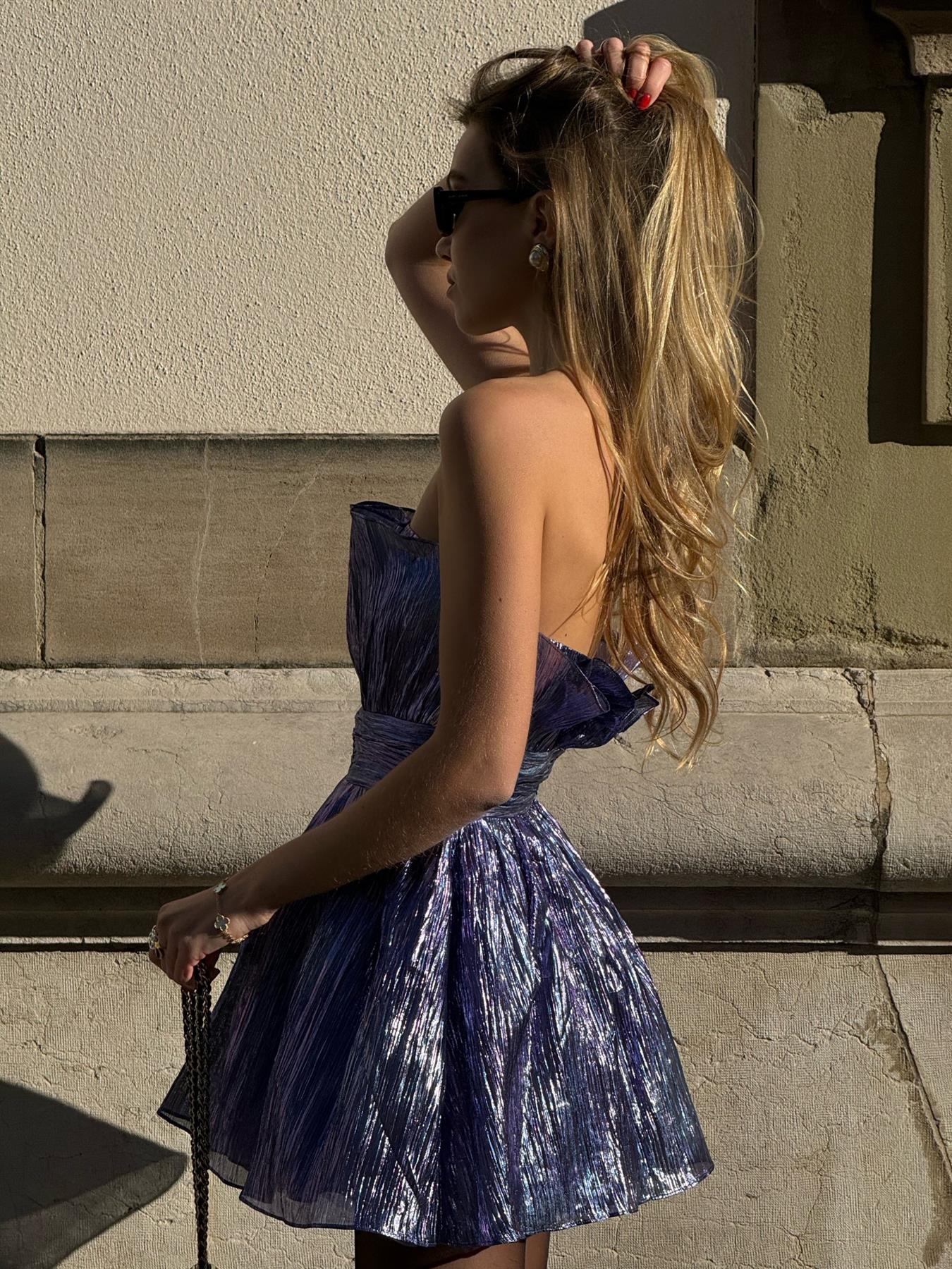Callie Gathered Bandeau Mini Dress-Purple-Blue Metallic - Image 4