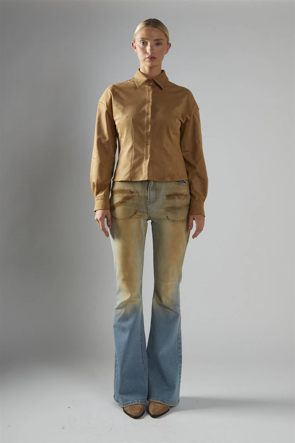 Camel Faux Suede Button Up Fitted Shirt - Image 5