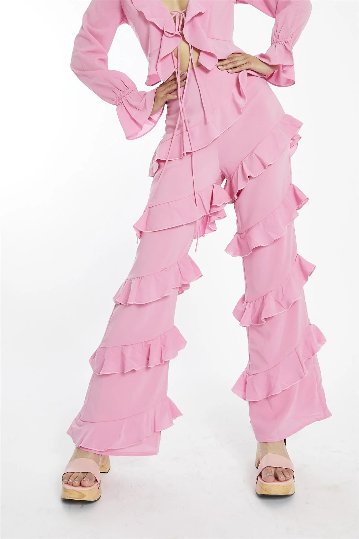 Candy-Pink Asymmetric-Ruffle Flared-Trousers - Image 3