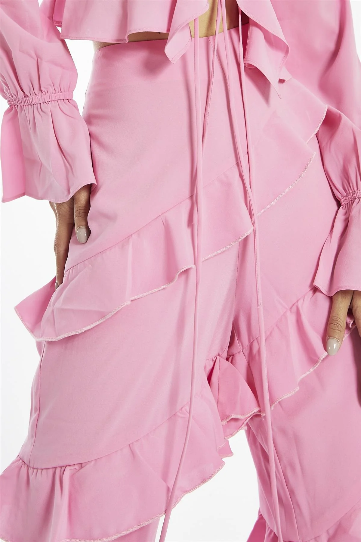 Candy-Pink Asymmetric-Ruffle Flared-Trousers - Image 4