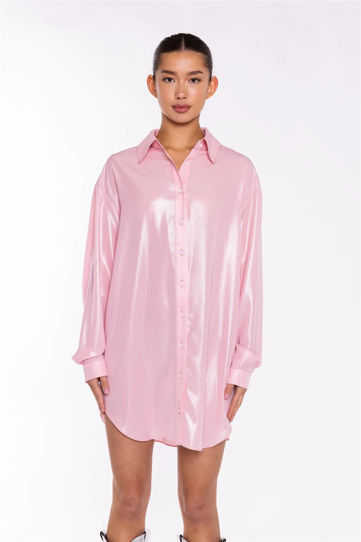 Candy-Pink Shimmer Shirt Mini-Dress - Image 3