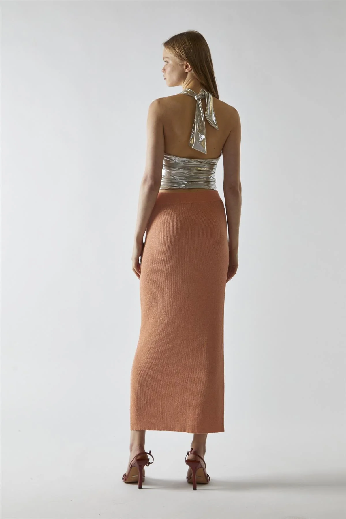 Champagne-Lame Twist-Front Cut-Out Halterneck-Top - Image 2