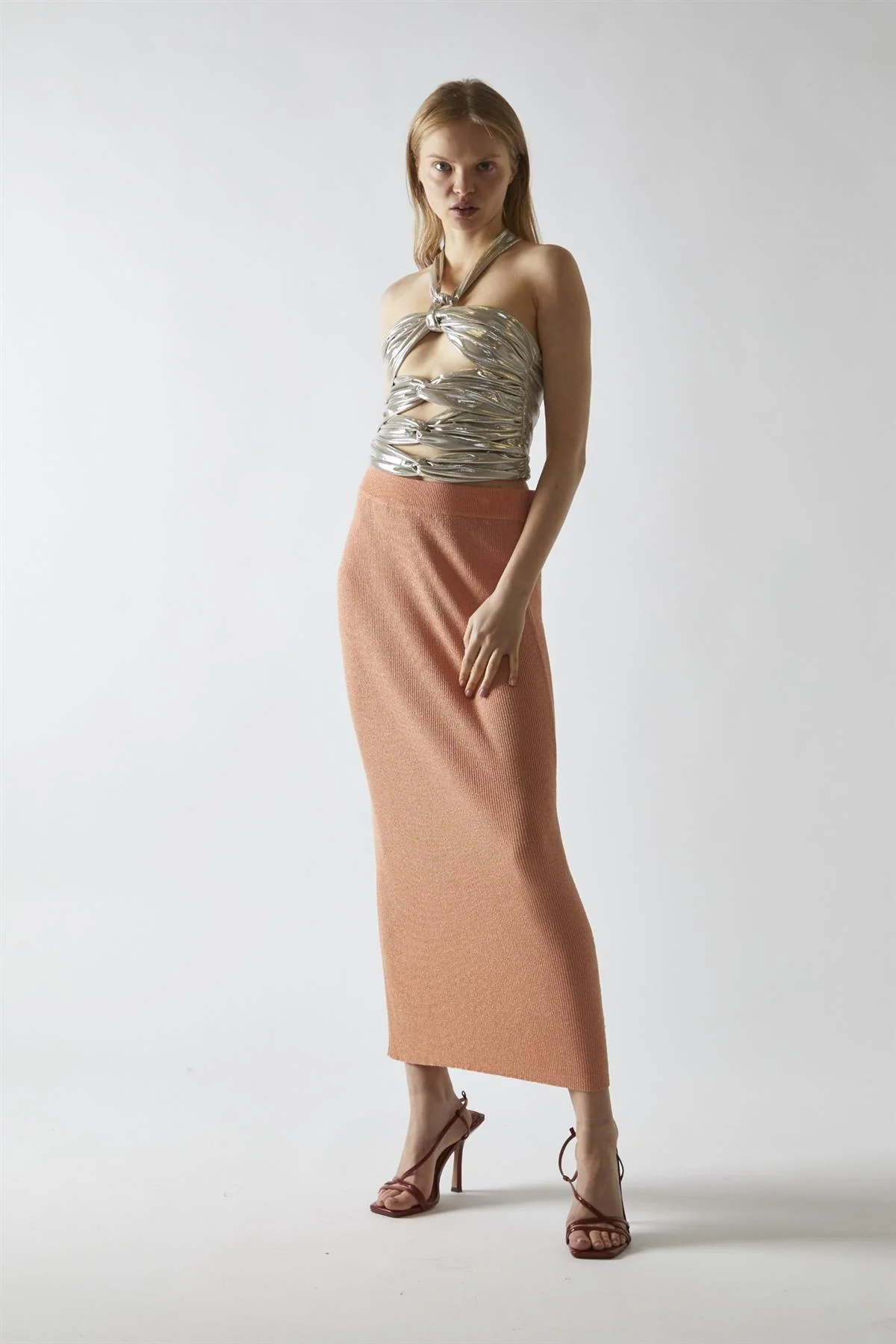 Champagne-Lame Twist-Front Cut-Out Halterneck-Top - Image 4