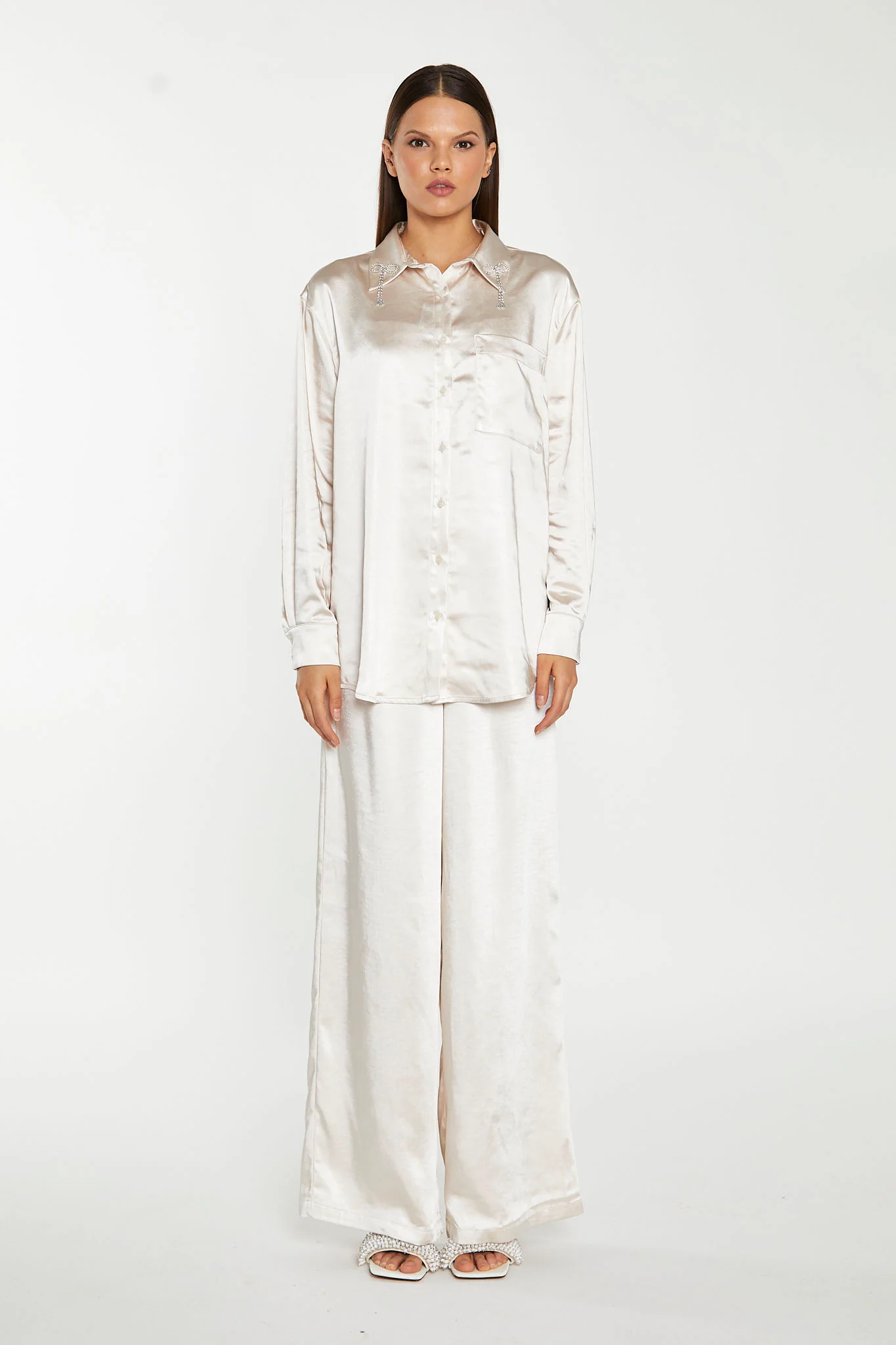 Champagne-Satin Diamante-Bow Shirt - Image 2