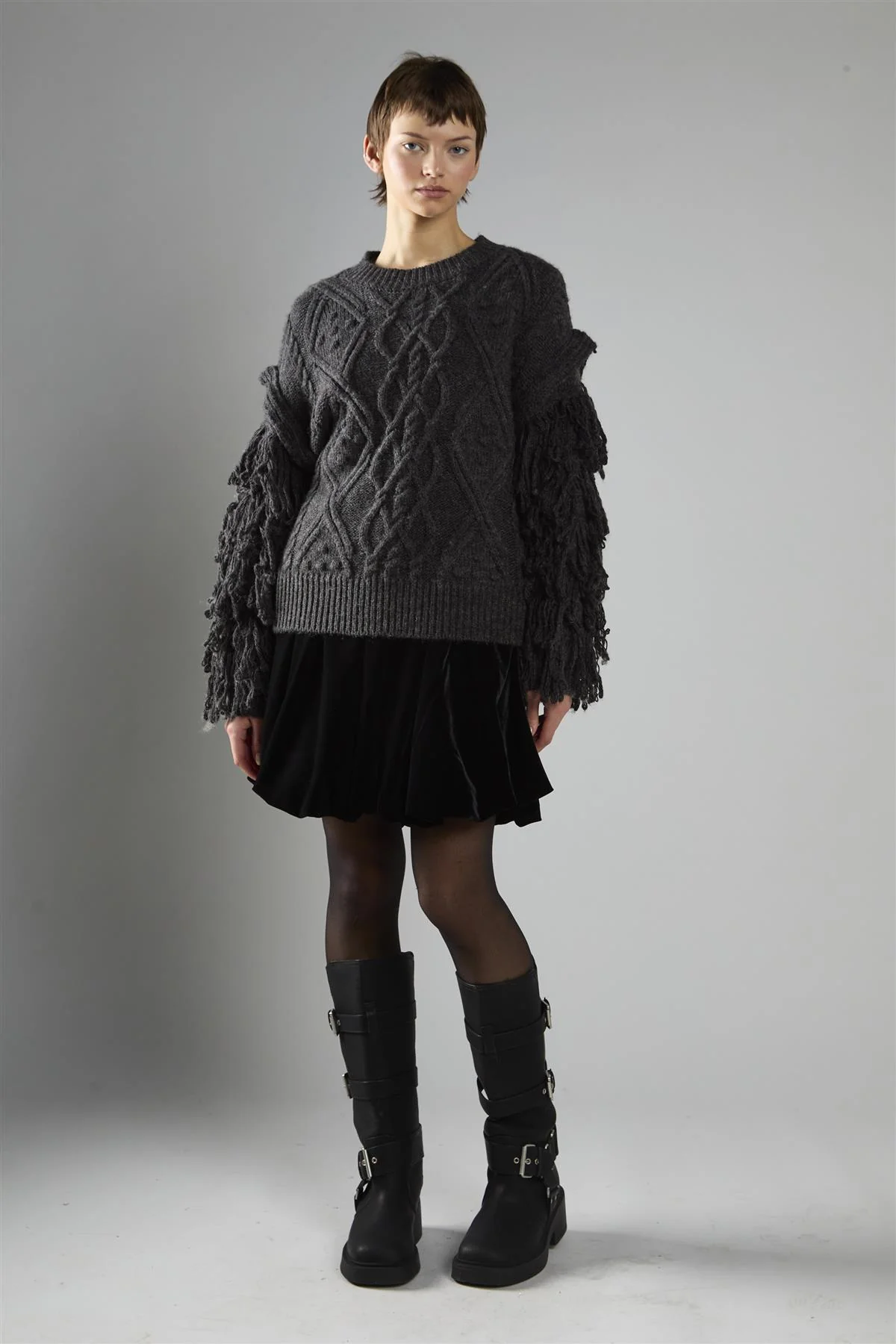 Charcoal Fringe Sleeve Cable Knit Jumper