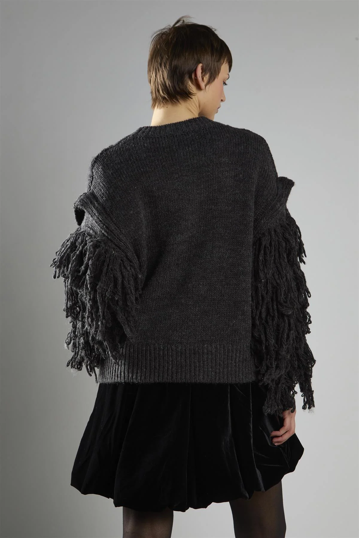 Charcoal Fringe Sleeve Cable Knit Jumper - Image 2