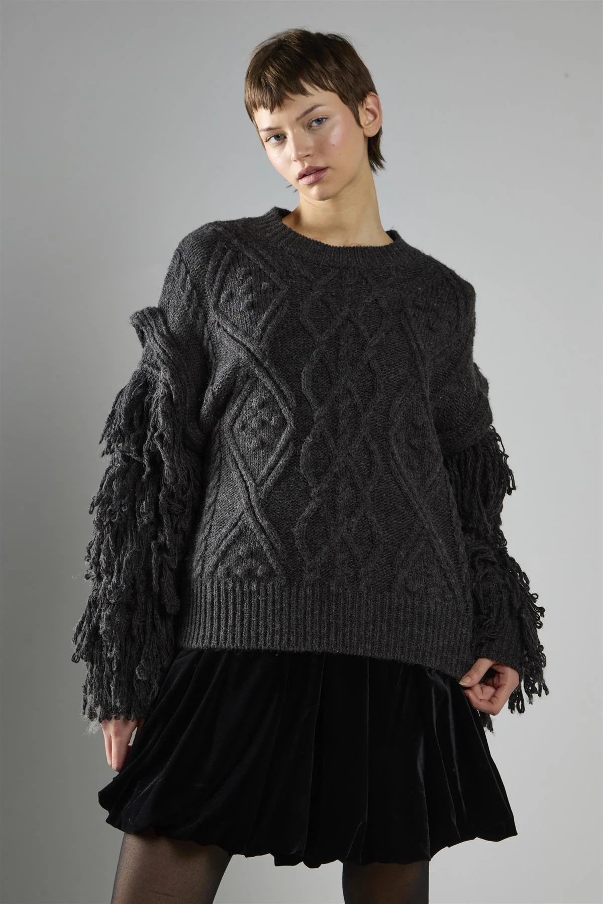 Charcoal Fringe Sleeve Cable Knit Jumper - Image 3