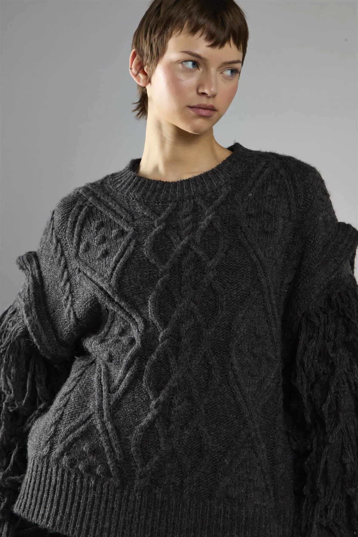 Charcoal Fringe Sleeve Cable Knit Jumper - Image 4