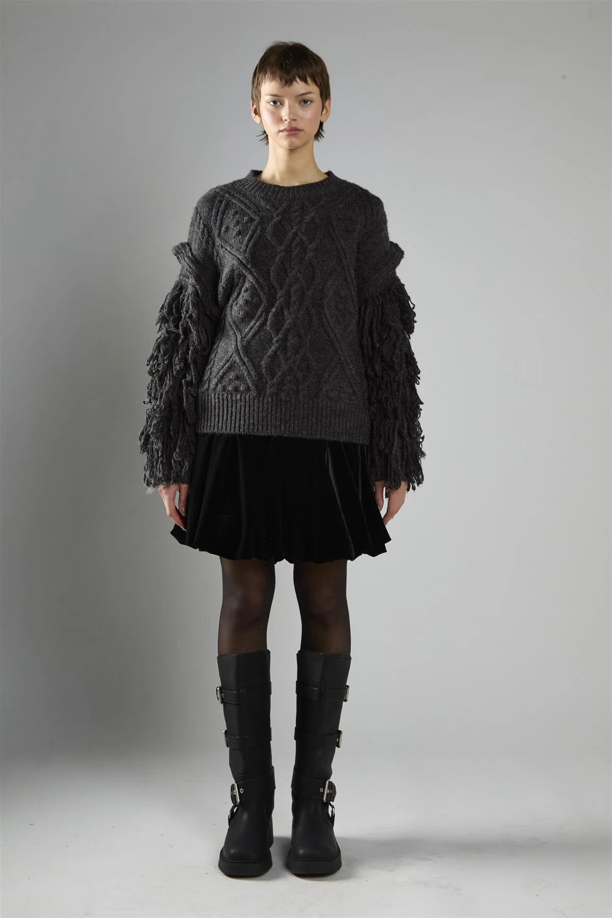 Charcoal Fringe Sleeve Cable Knit Jumper - Image 5