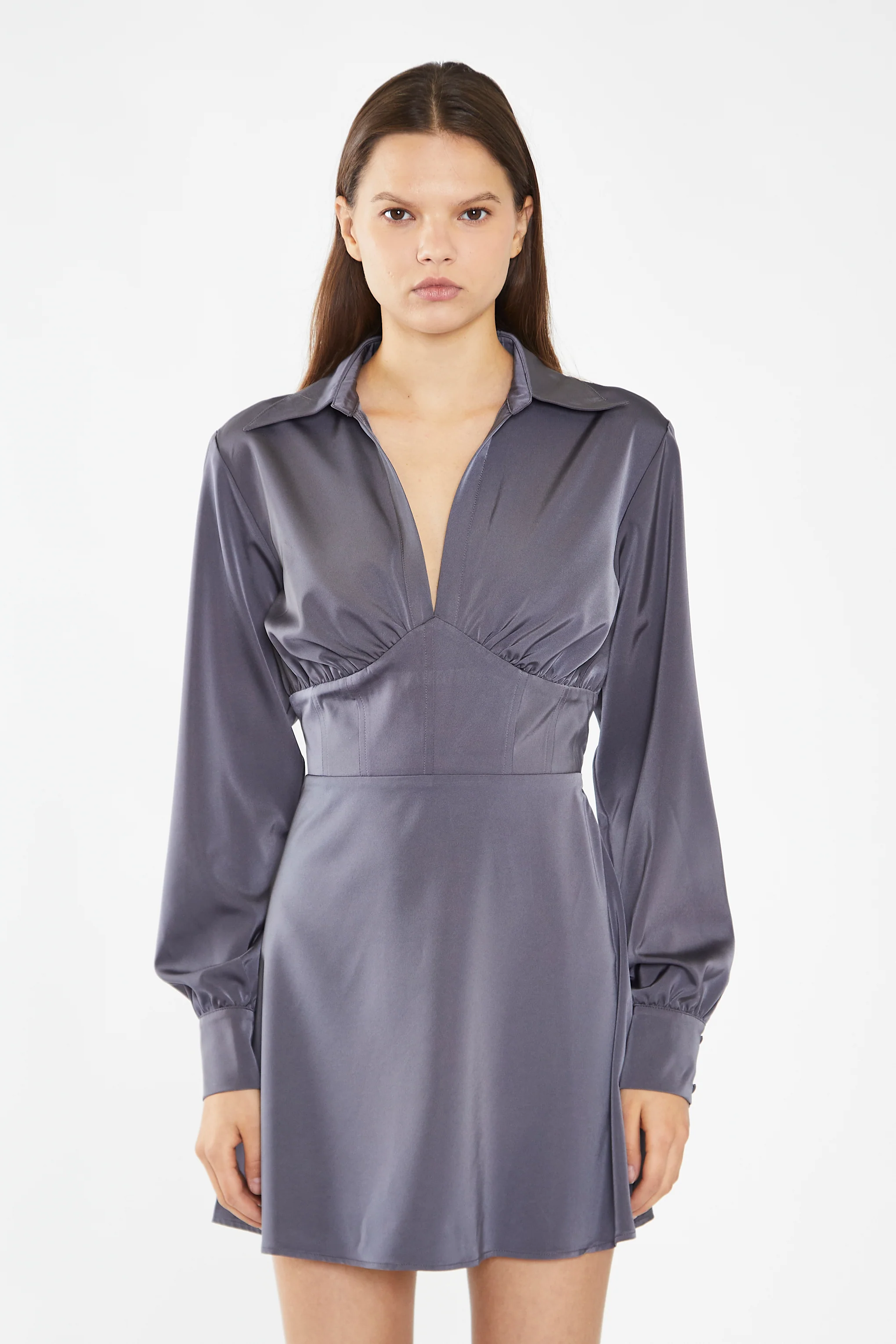 Charcoal Grey Corset Shirt Mini-Dress - Image 3