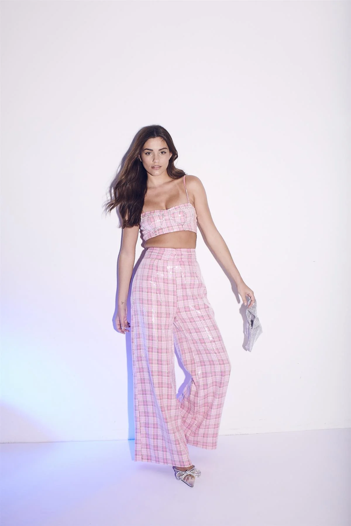 Cher Co-ord Ruched Waist Trousers - Pink Check Sequin - Image 3
