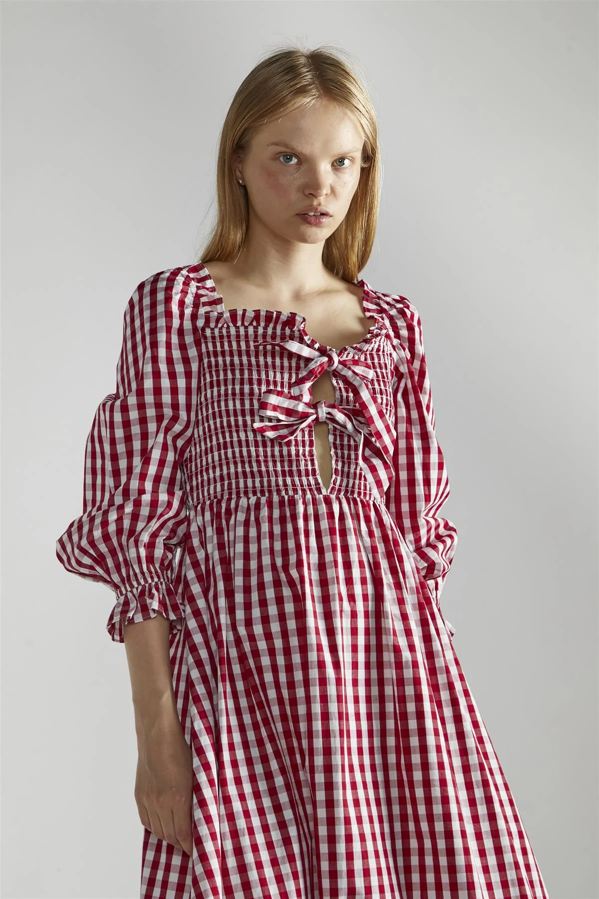 Cherry-Red-Gingham Front-Tie-V-Neck Midaxi-Dress - Image 3