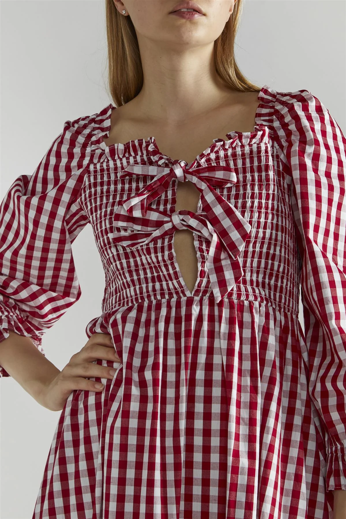 Cherry-Red-Gingham Front-Tie-V-Neck Midaxi-Dress - Image 4