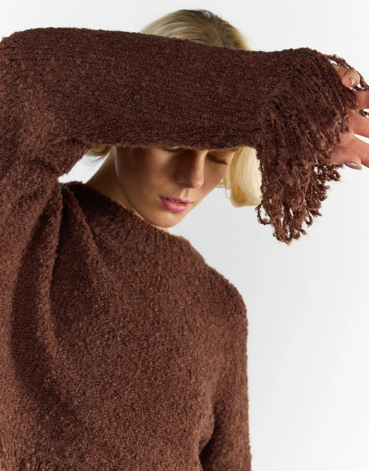 Chocolate Brown Fringe Trim Long Sleeve Jumper - Image 3