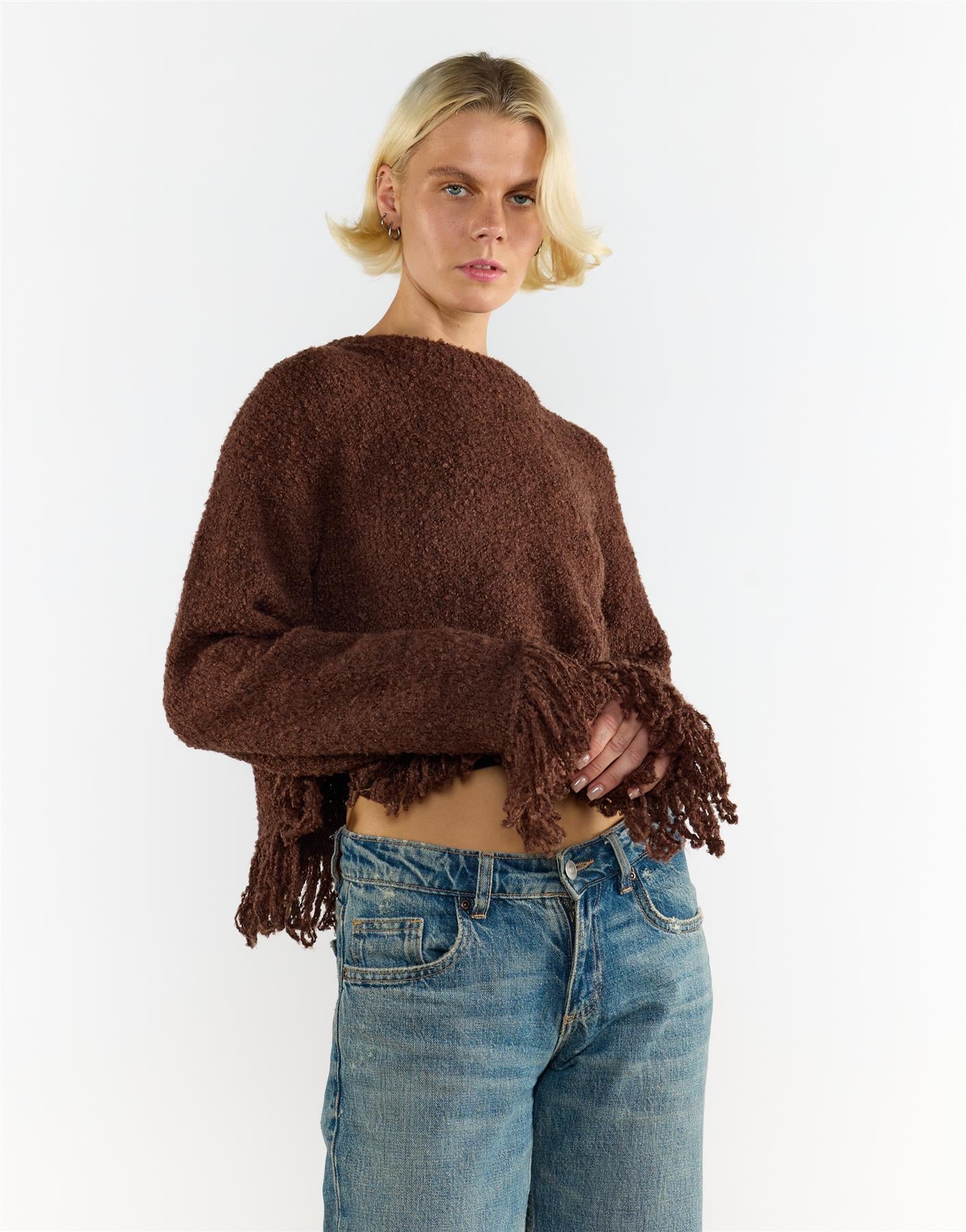 Chocolate Brown Fringe Trim Long Sleeve Jumper - Image 4