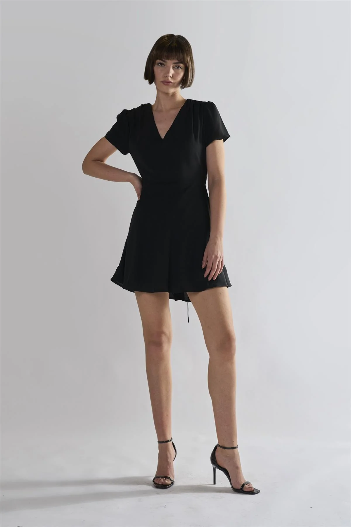 Black V-Neck Short Sleeve Mini Dress
