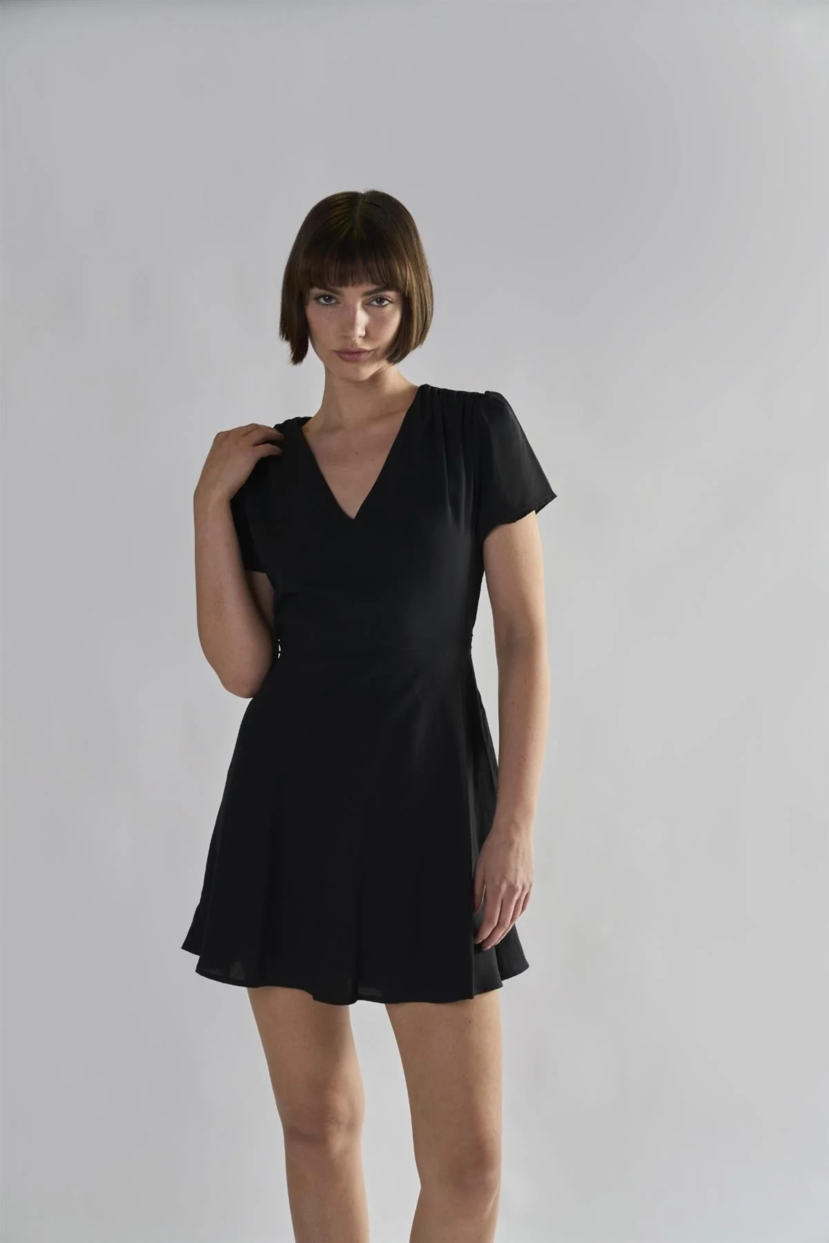 Black V-Neck Short Sleeve Mini Dress - Image 5
