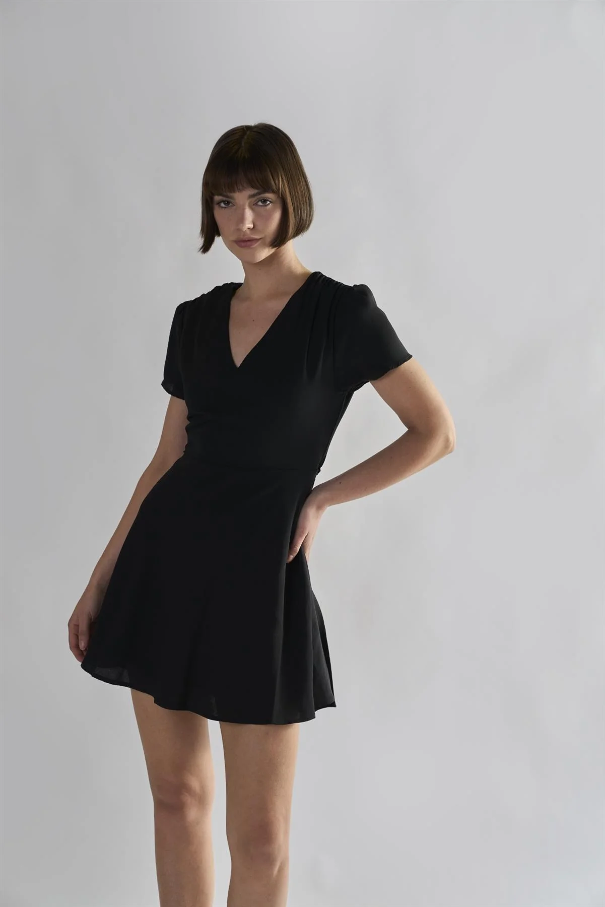 Black V-Neck Short Sleeve Mini Dress - Image 6