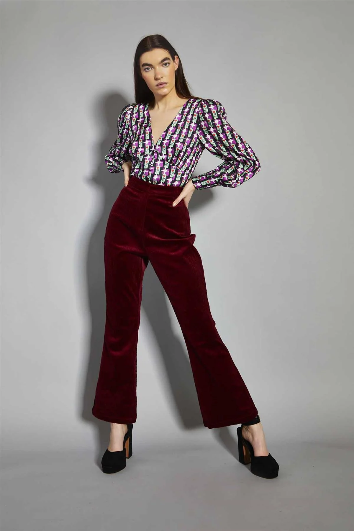 Claret-Corduroy Flared-Trousers - Image 4