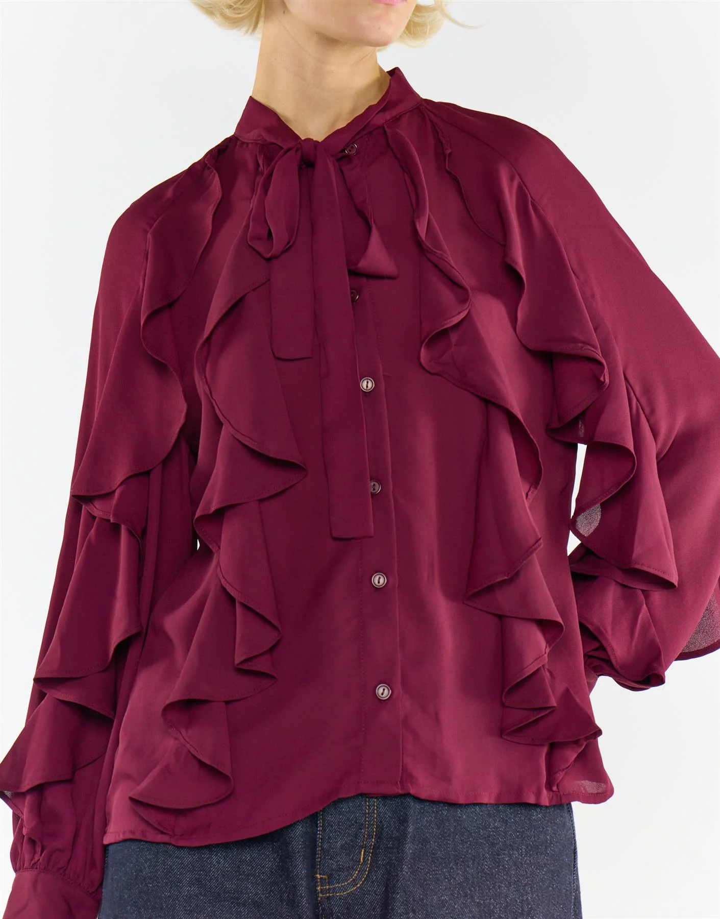 Collection Ruffled Bow Blouse in Burgundy - Image 3