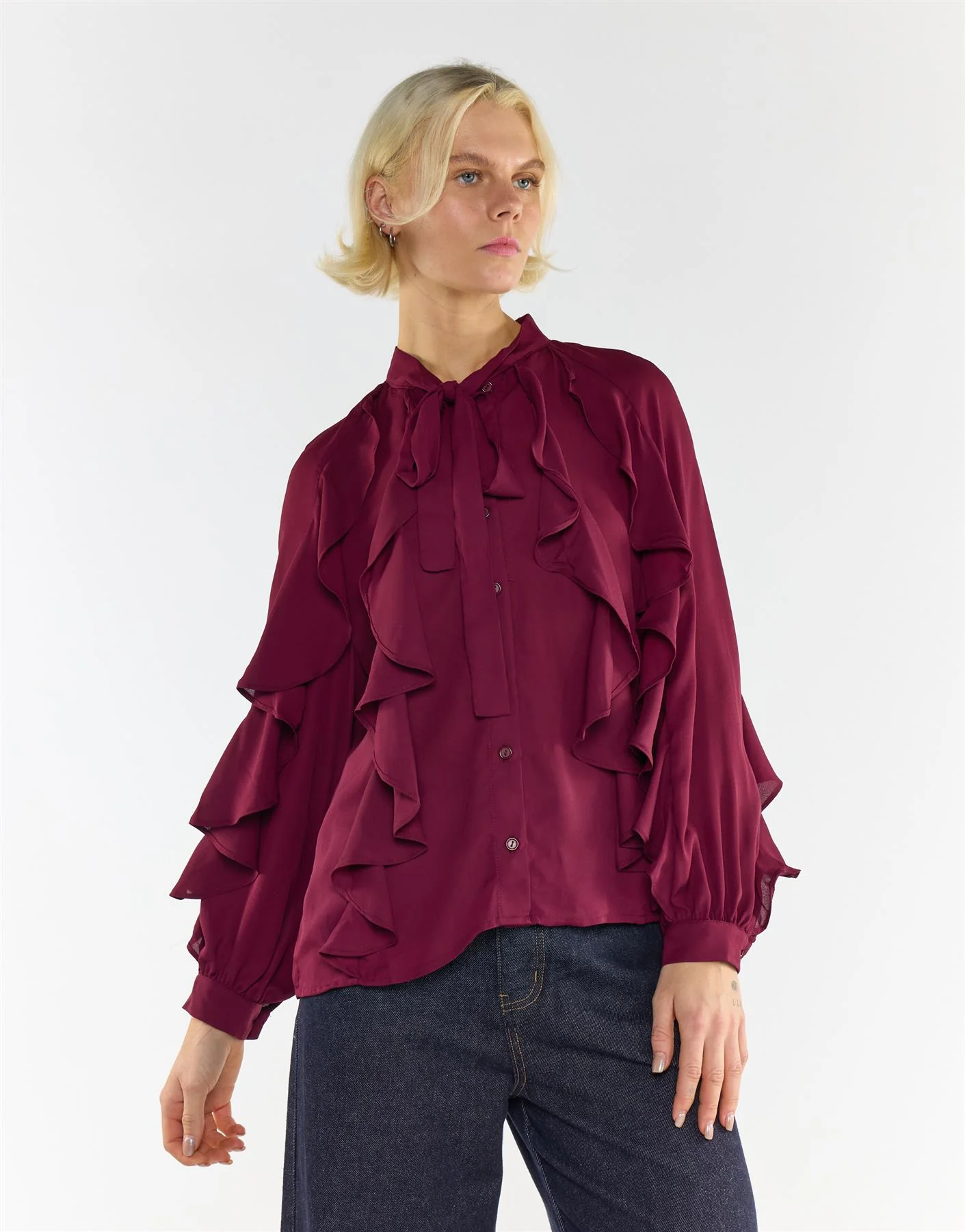 Collection Ruffled Bow Blouse in Burgundy - Image 4