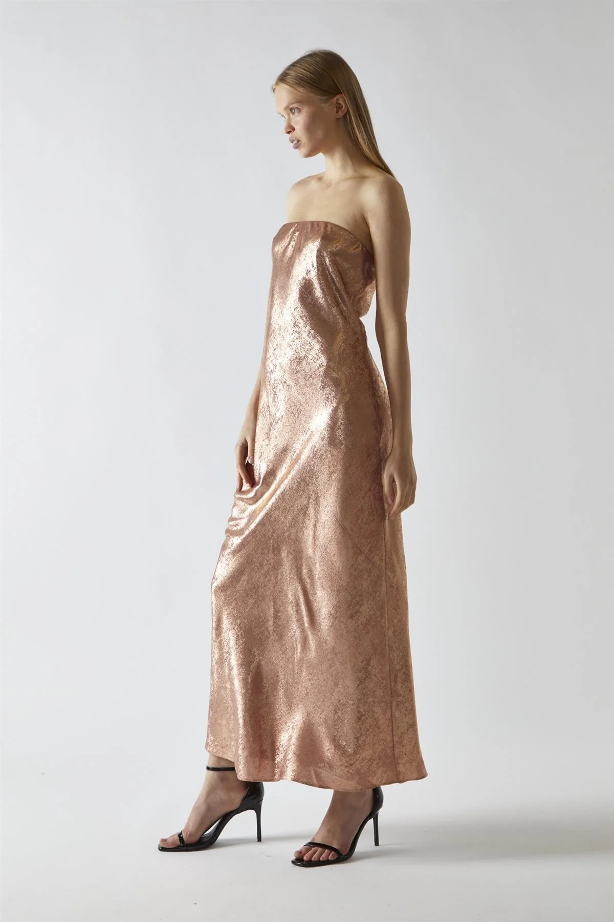 Copper-Metallic Strapless Midi Dress - Image 4