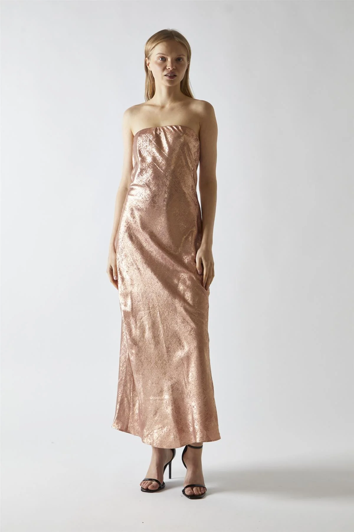 Copper-Metallic Strapless Midi Dress - Image 5