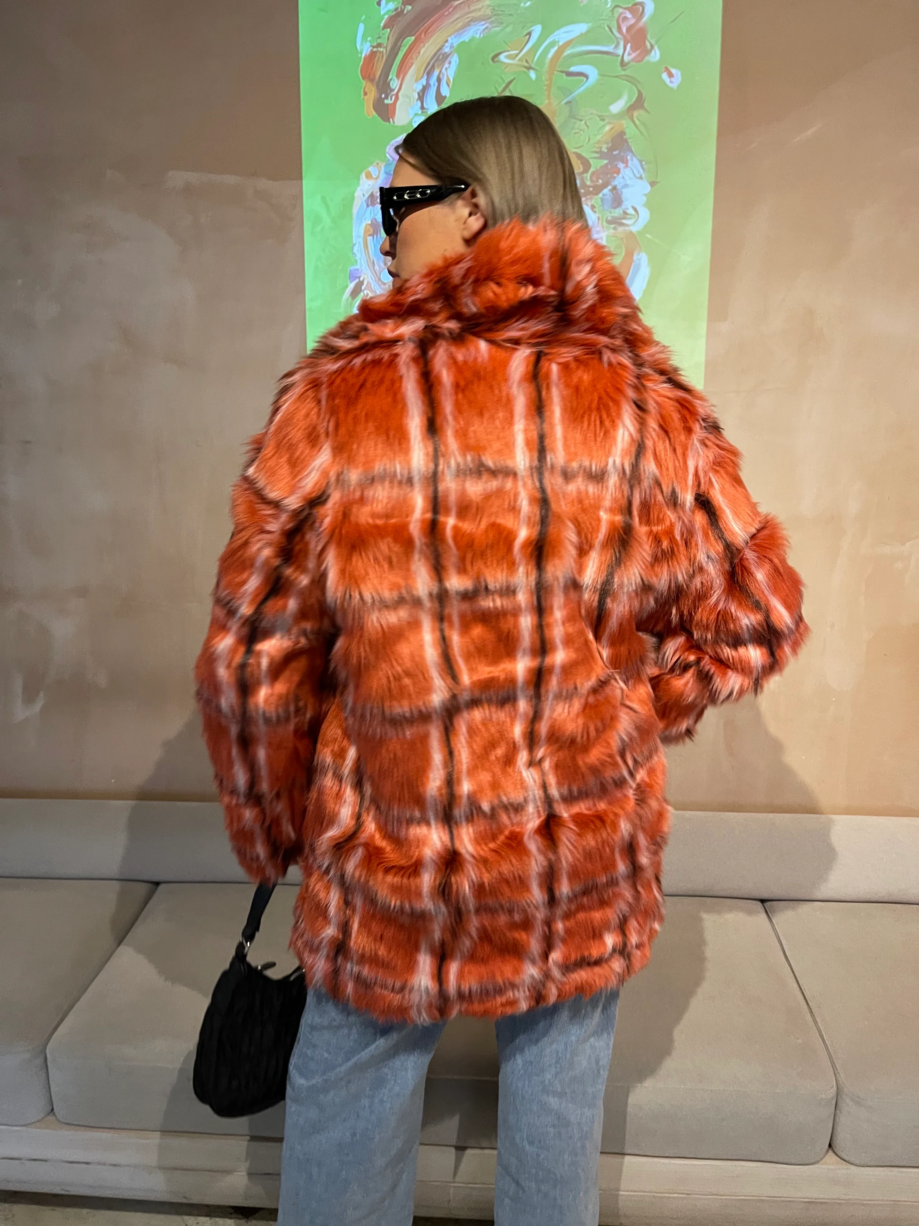 Glamorous Curve Red Check Faux Fur Coat with Lapel Collar - Image 4