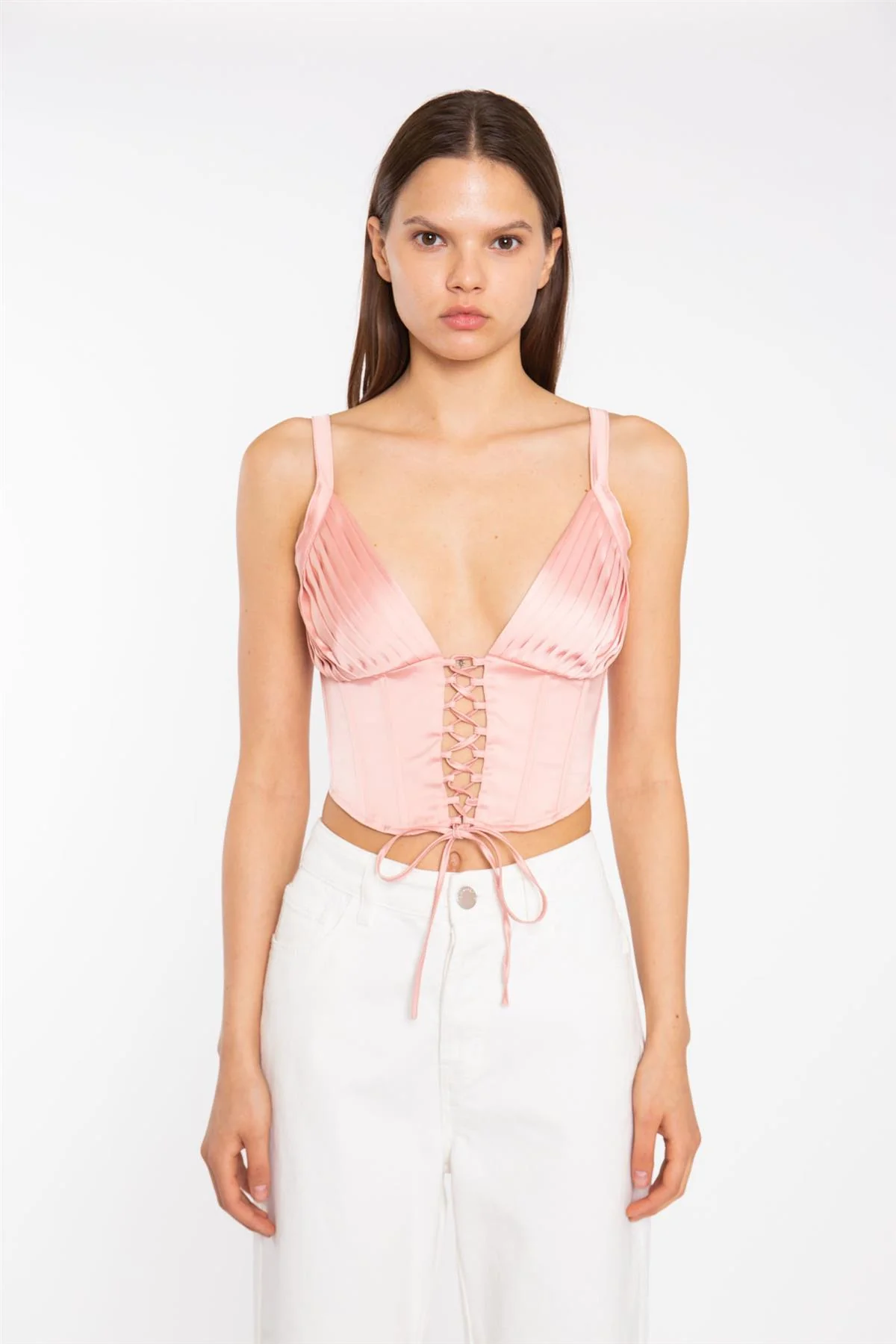 Coral Pink Pleated Bust Lace-Up Corset-Top - Image 3