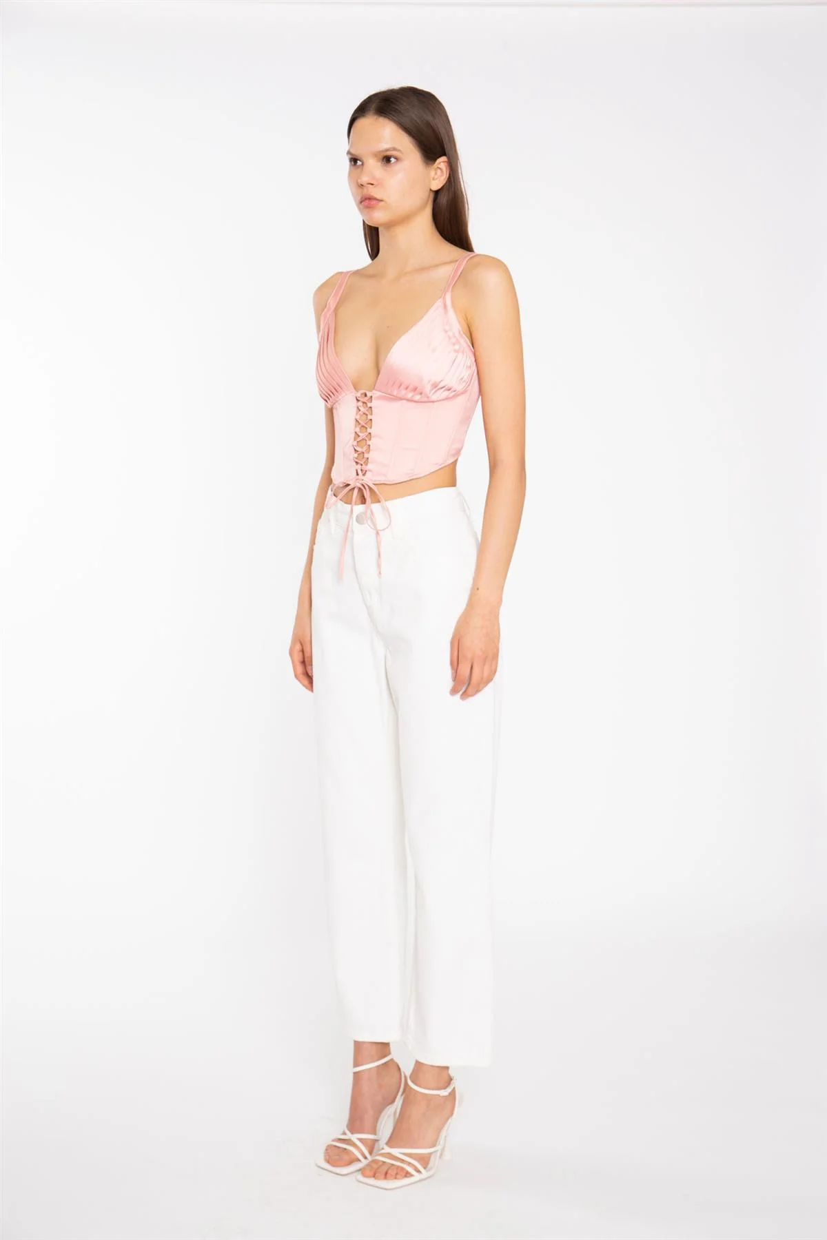 Coral Pink Pleated Bust Lace-Up Corset-Top - Image 4