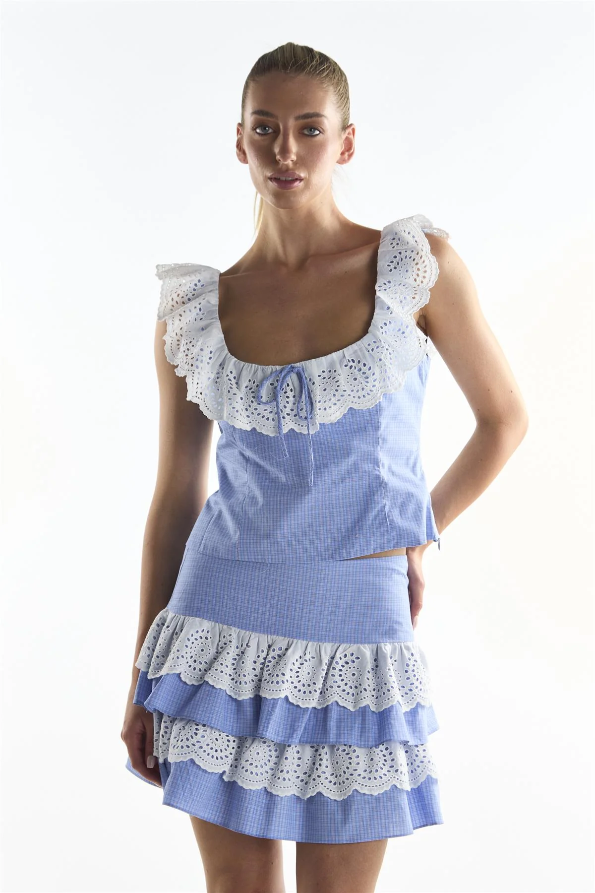 Cornflower Check Embroidery Detail Top