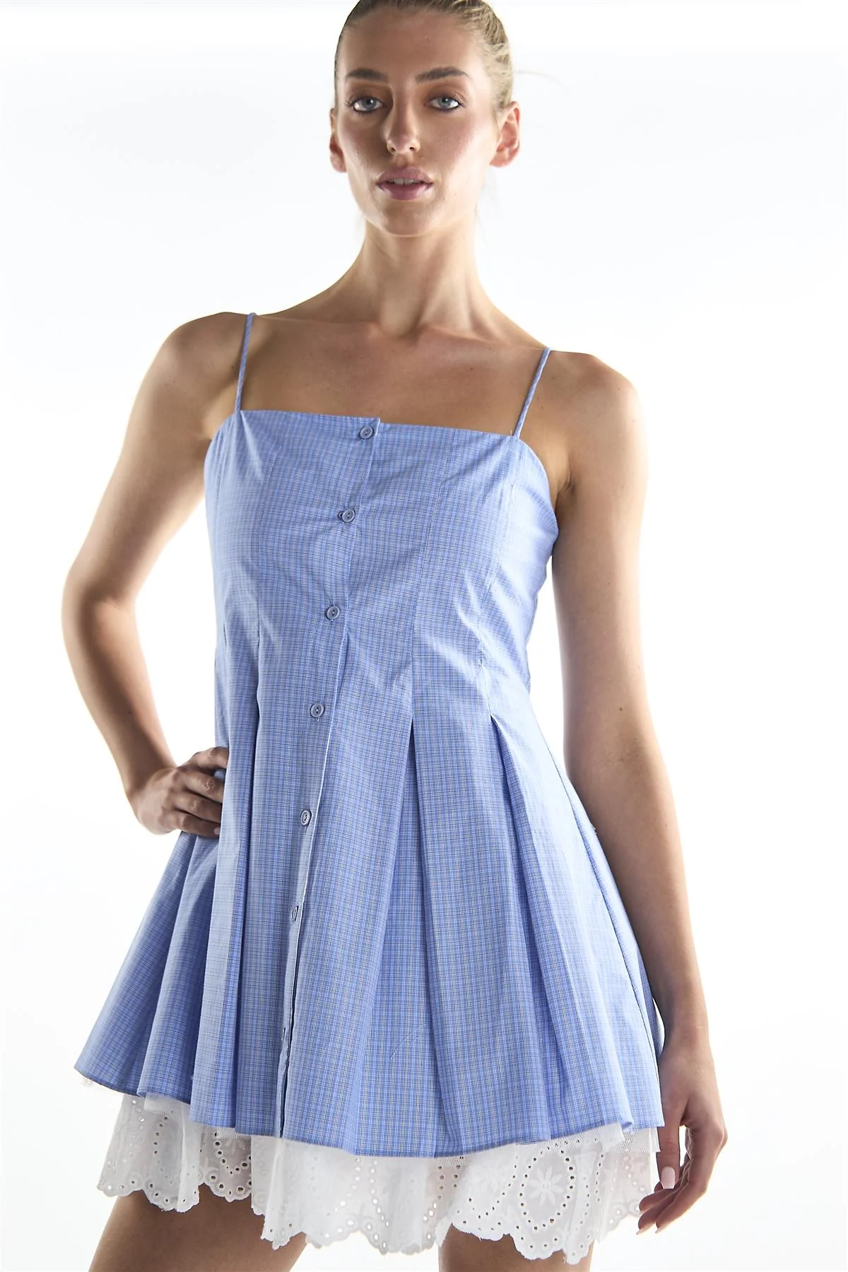 Cornflower Check Pleated Mini Dress - Image 3