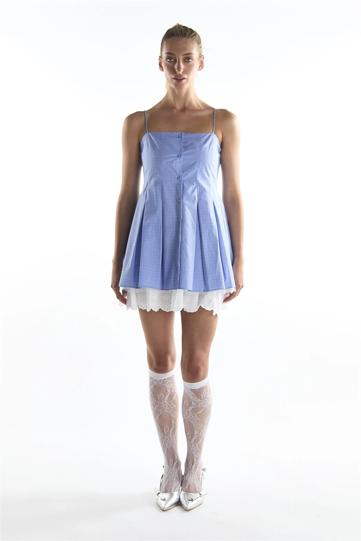 Cornflower Check Pleated Mini Dress - Image 4
