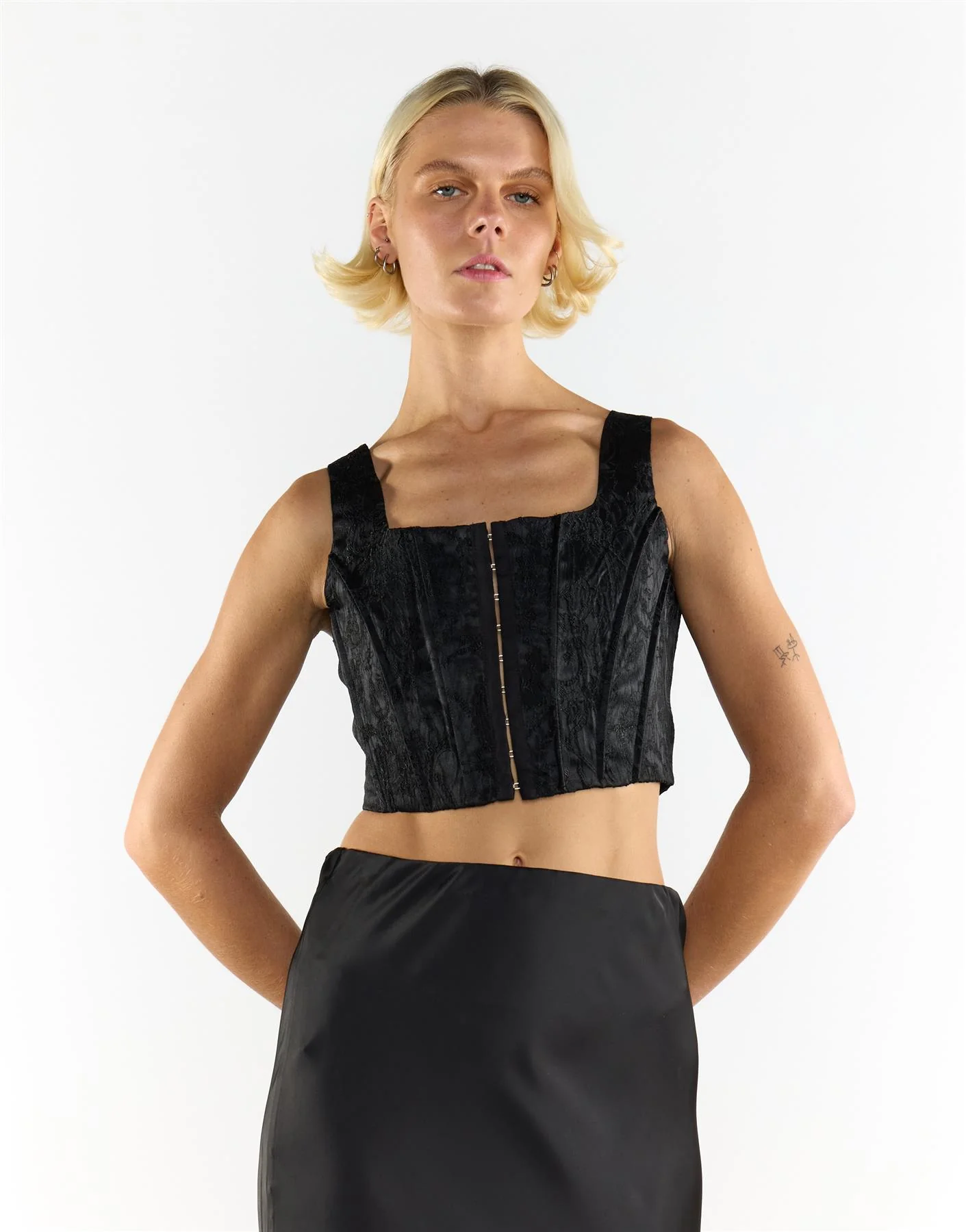 Corset Style Crop Top in Black Brocade - Image 3