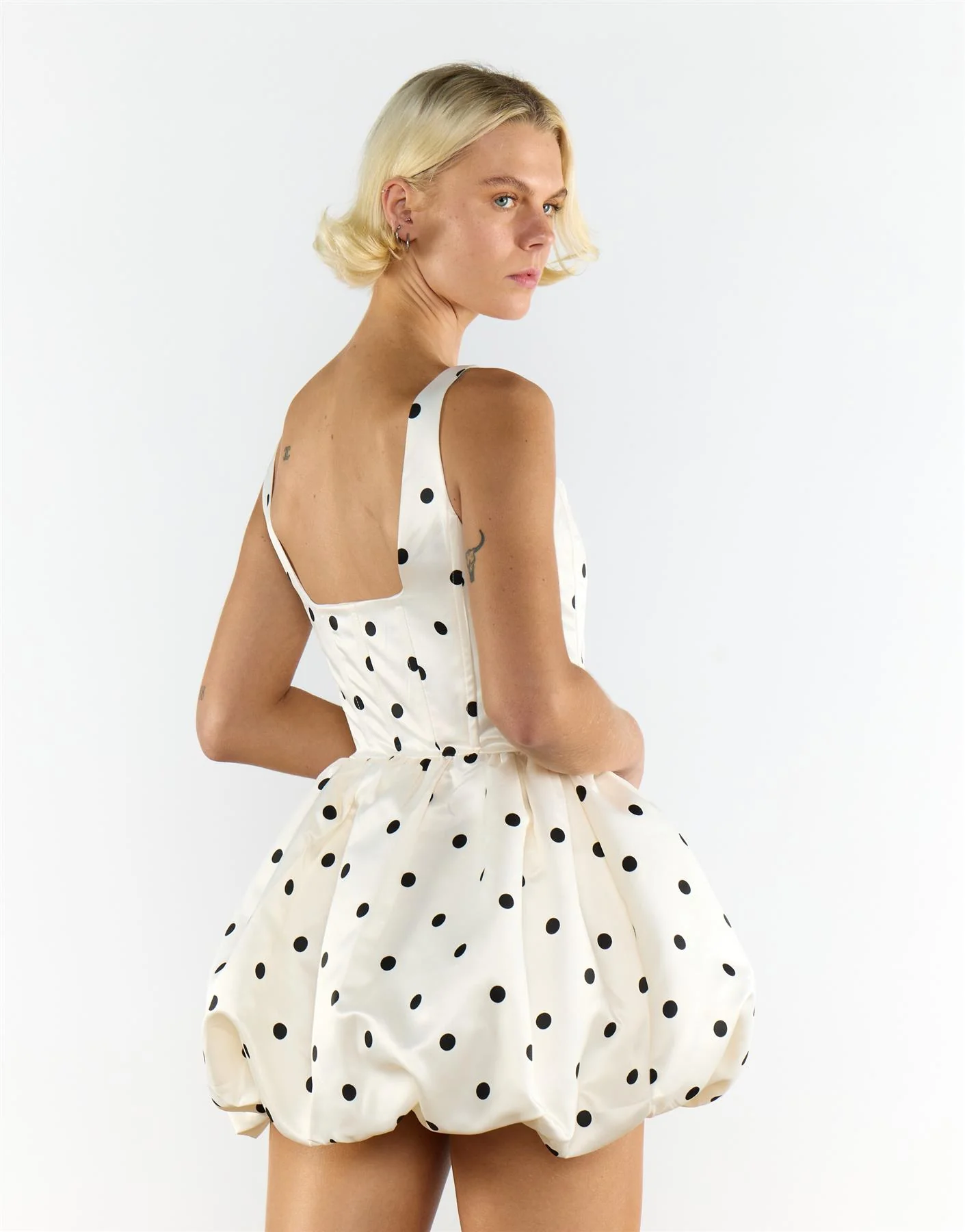 Cream Black Big Spot Square Neck Short Skater Dress - Image 3